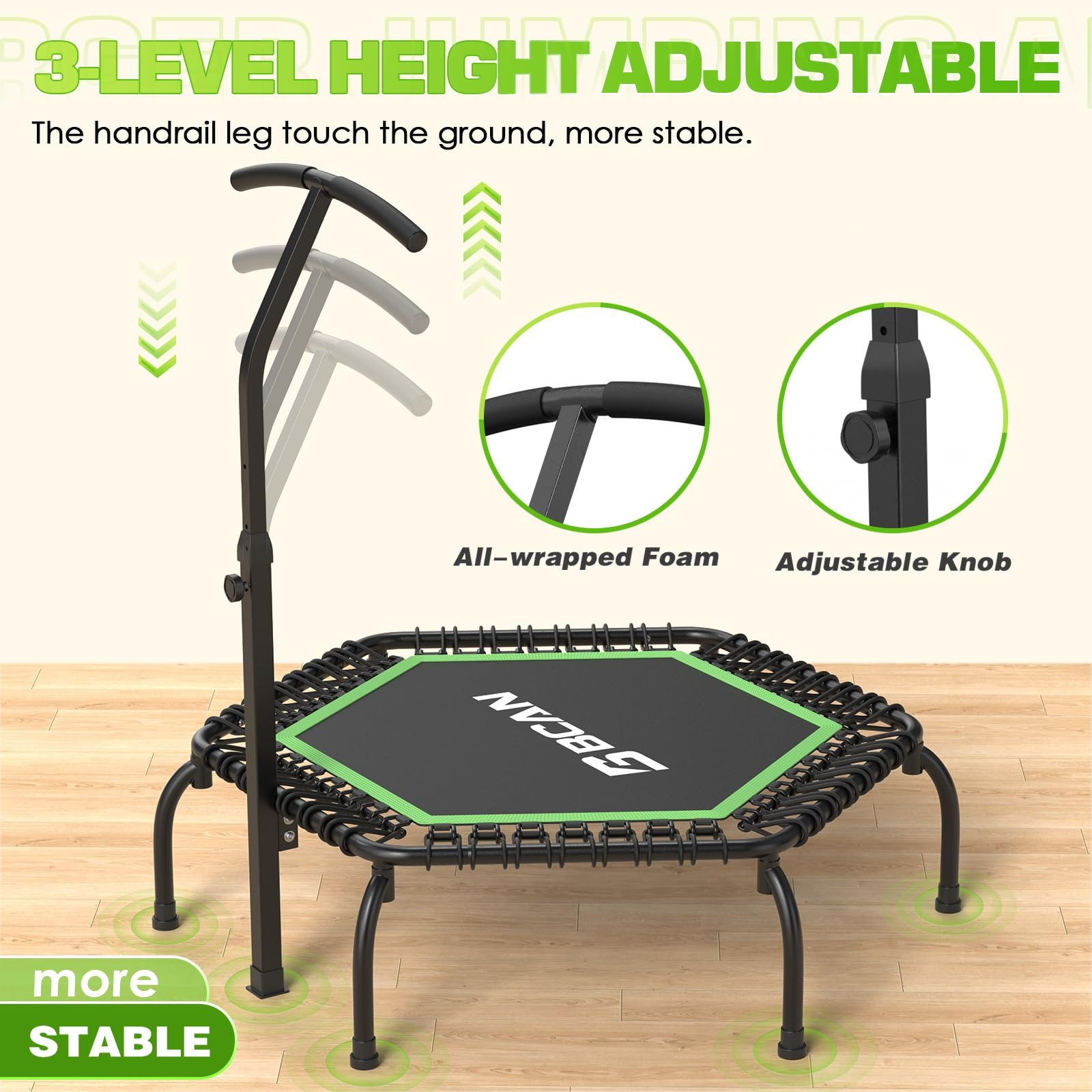 Ein schwarzes Trampolin mit grünem Rahmen und Handlauf, die Worte '3-LEVEL HEIGHT ADJUSTABLE' stehen oben.