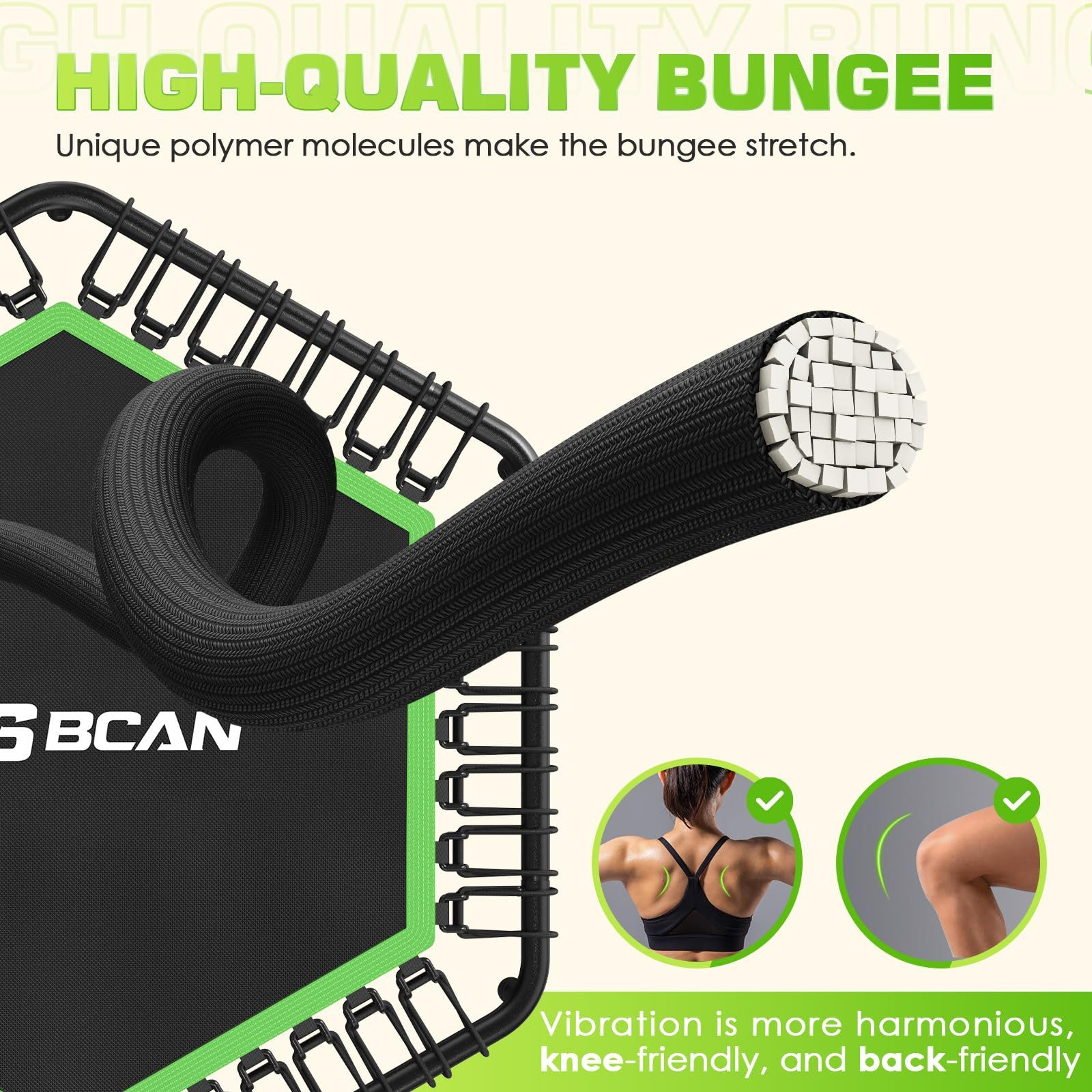 Nahaufnahme eines schwarzen Bungee-Seils mit weißem Innenleben, Teil eines Trampolins. Text hebt Qualität und Vorteile hervor.