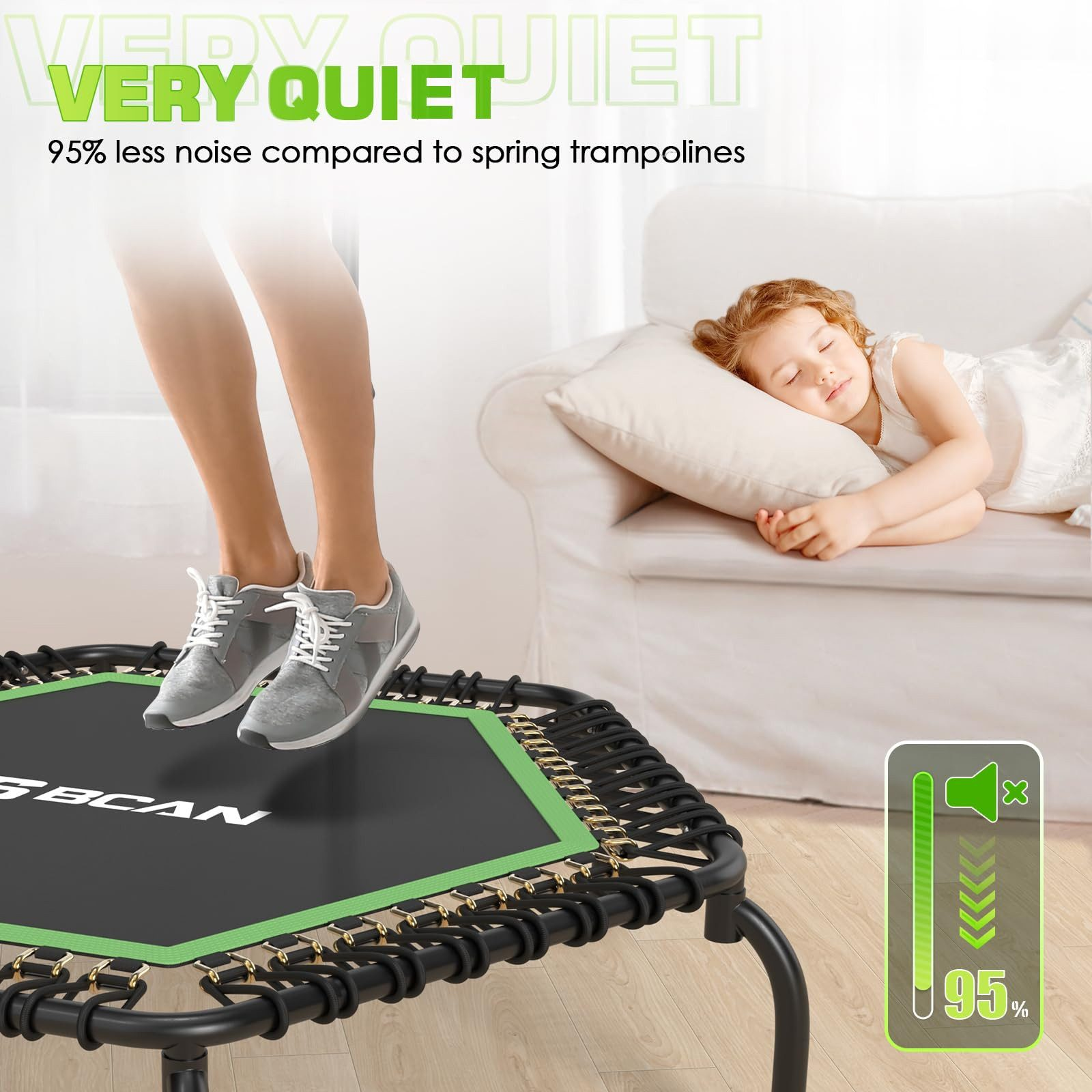 Eine Person springt auf einem Trampolin. Ein Kind schläft auf einer Couch. Das Bild sagt 'Sehr leise' und '95% weniger Lärm'.