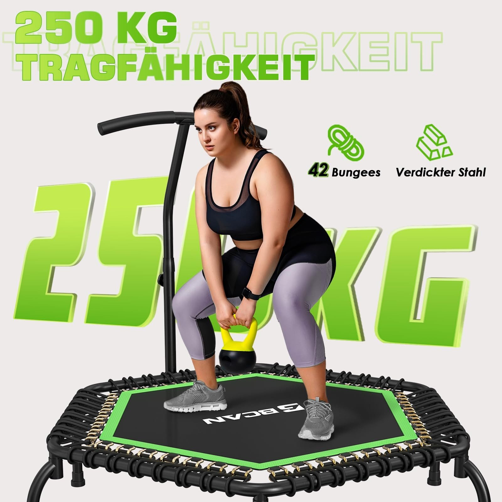 Frau trainiert auf einem Trampolin mit einer Kettlebell. Das Bild zeigt die Gewichtskapazität und die Eigenschaften.