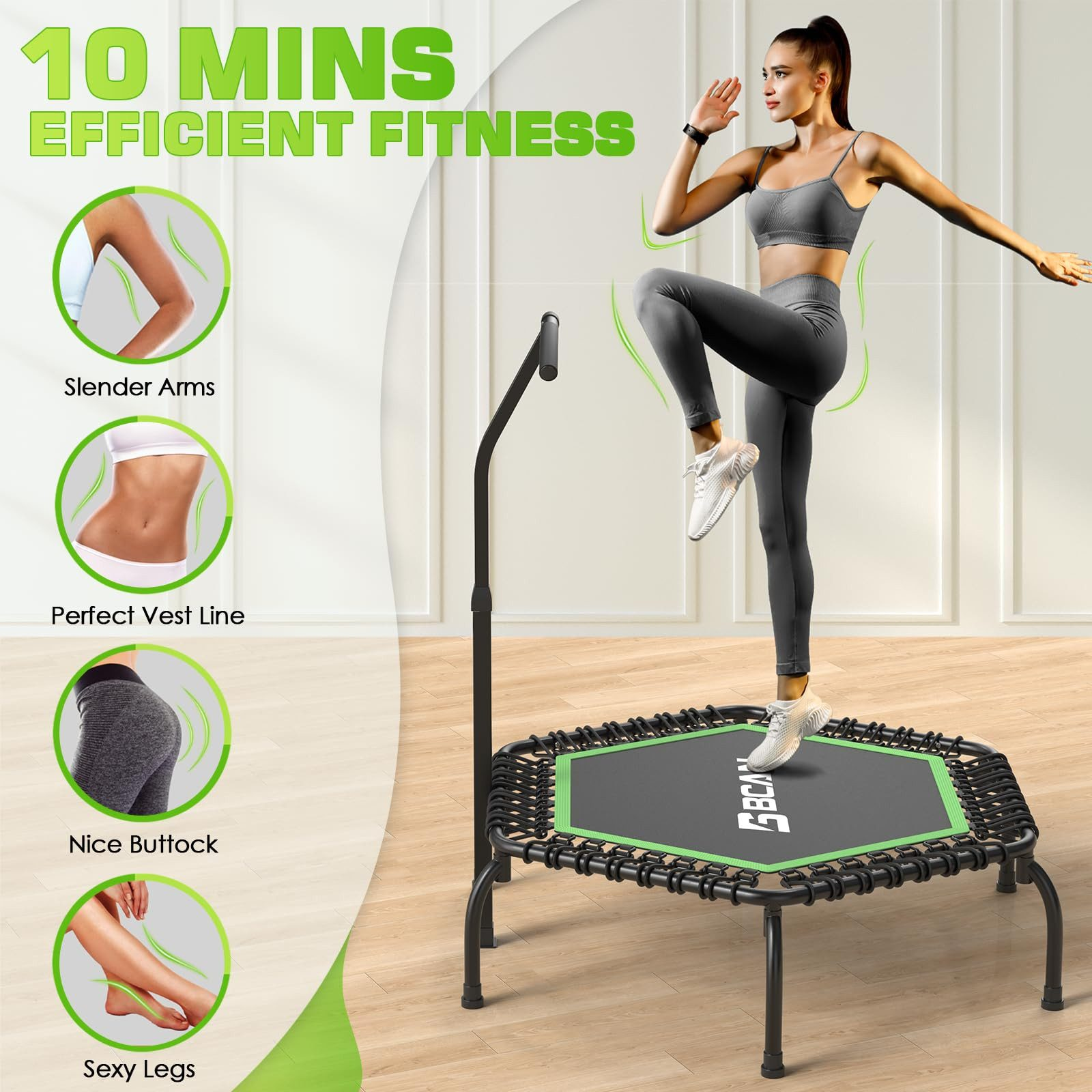 Eine Frau springt auf einem Mini-Trampolin. Das Bild wirbt für Fitness mit Text, der Körperziele wie schlanke Arme und sexy Beine hervorhebt.