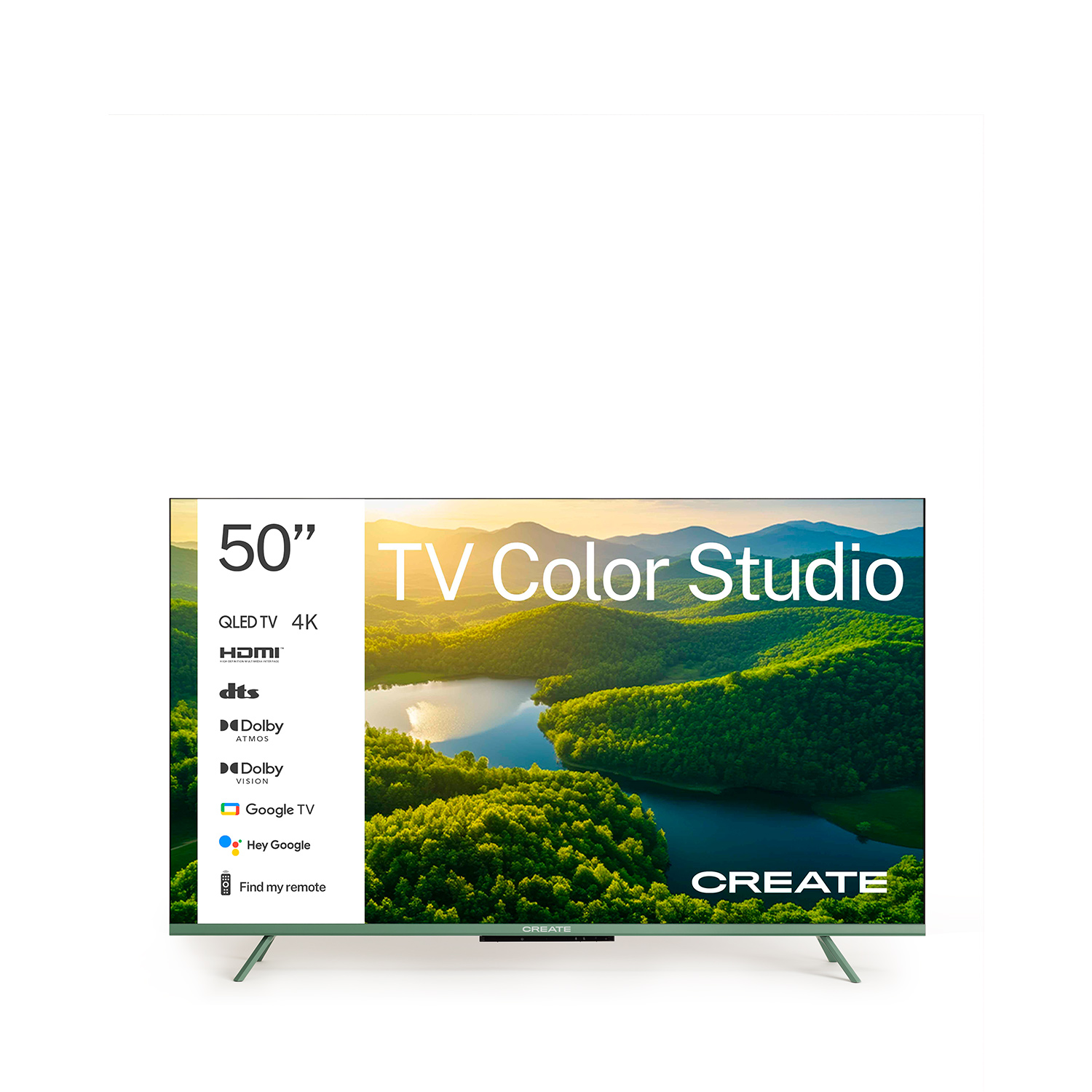 Un televisor de 50" con una vista panorámica en la pantalla. Incluye HDMI, Dolby Atmos y funciones de Google TV. La marca es CREATE.