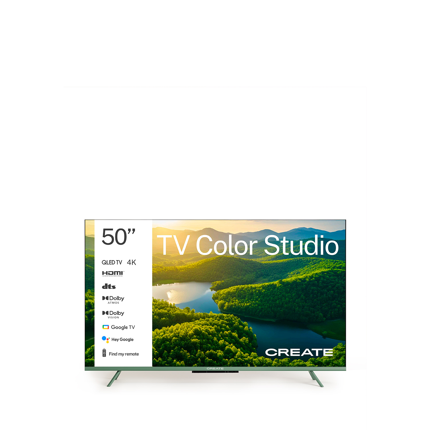 Un televisor de 50 pulgadas con "TV Color Studio" en pantalla. Las características incluyen QLED 4K, HDMI, Dolby Atmos y Google TV. La marca es CREATE.