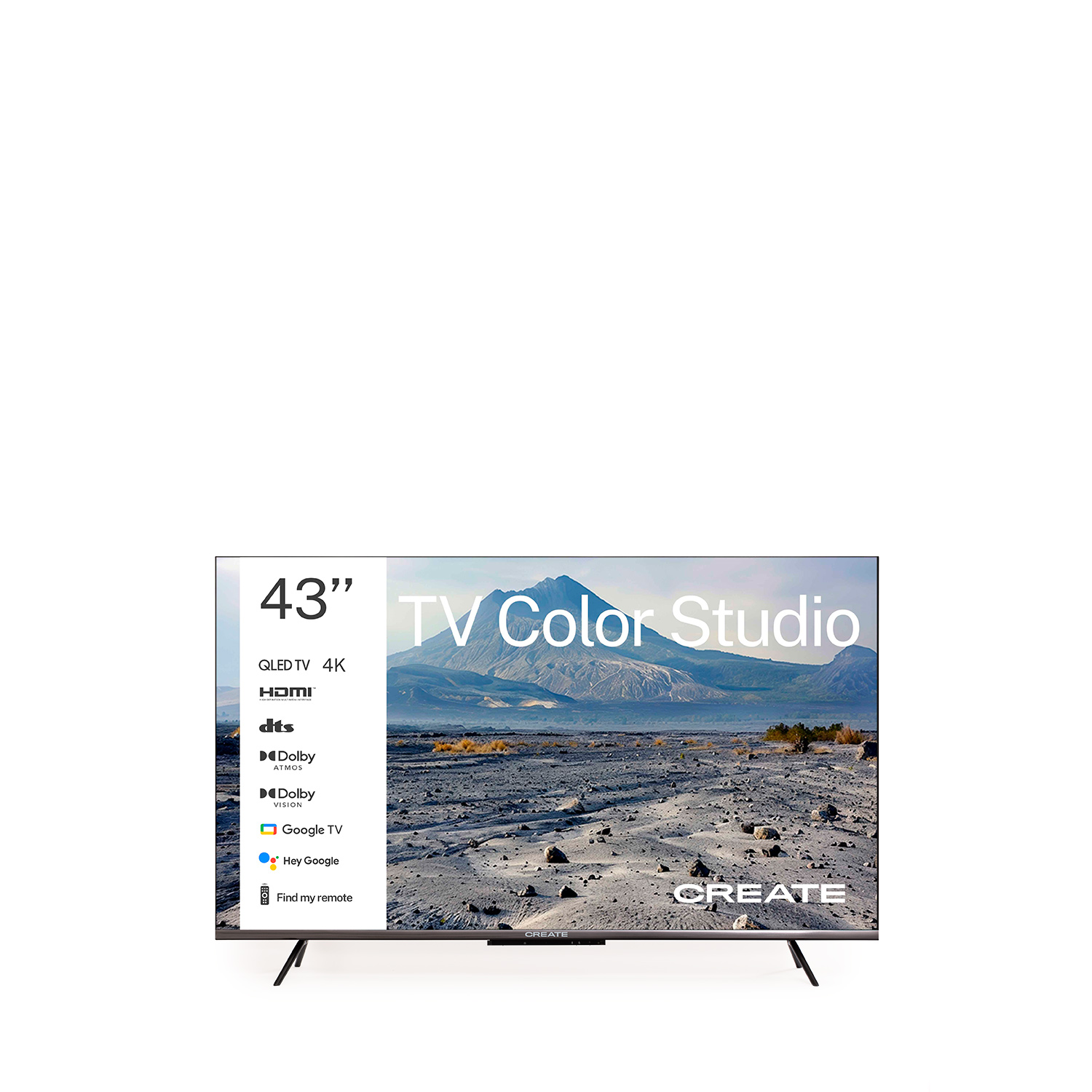Un televisor de 43 pulgadas, 'TV Color Studio', muestra un paisaje. Las características incluyen QLED, 4K, HDMI, Dolby y Google TV. La marca es CREATE.