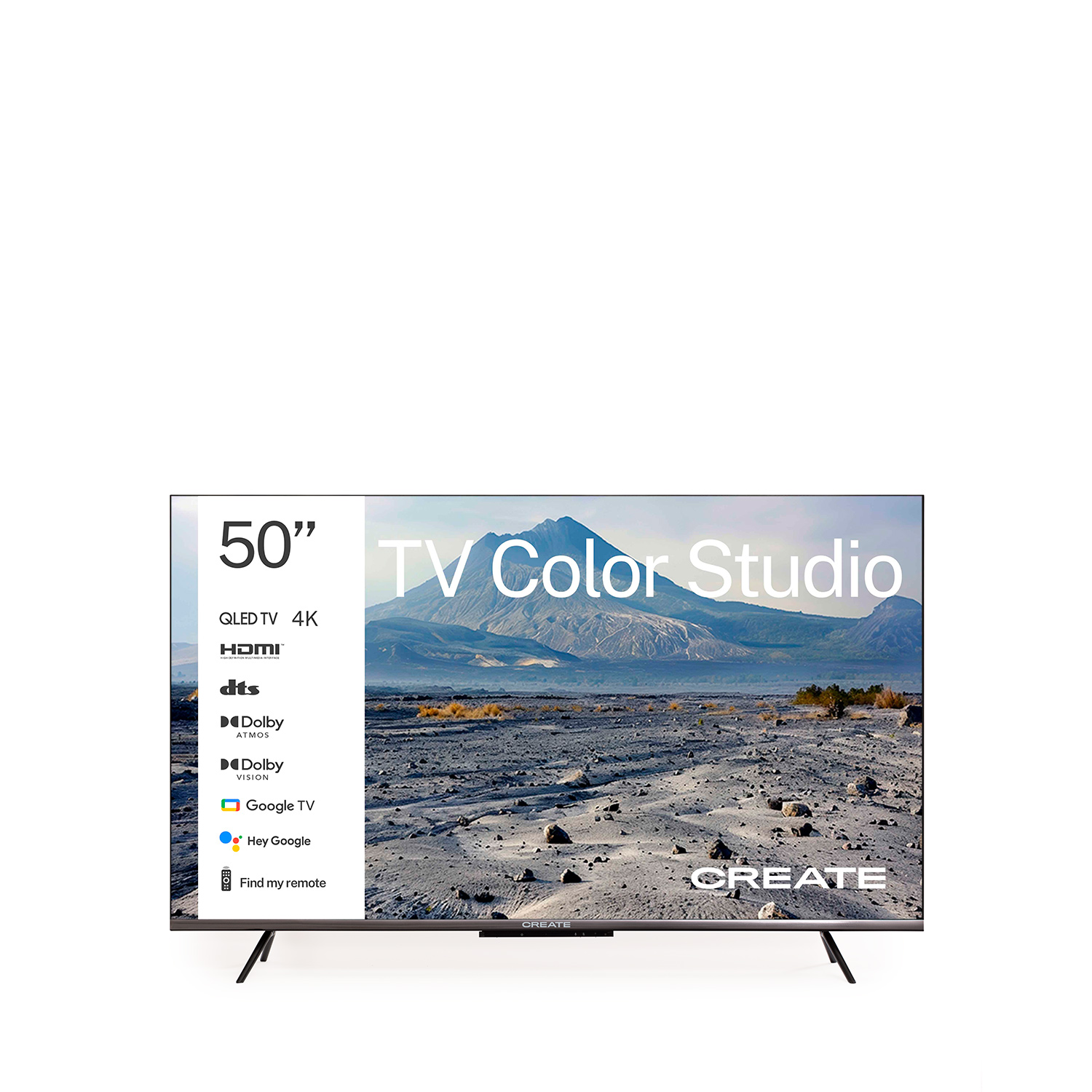 Un televisor de 50" muestra un paisaje montañoso. Características: QLED 4K, HDMI, Dolby y Google TV. La marca es CREATE.