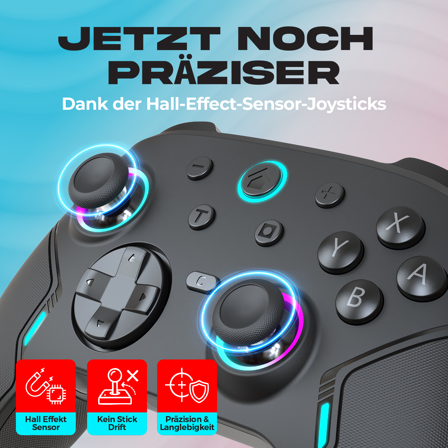 Ein schwarzes Gamepad mit leuchtenden Joysticks und Tasten. Text wirbt für Präzision und Hall-Effekt-Sensortechnologie.