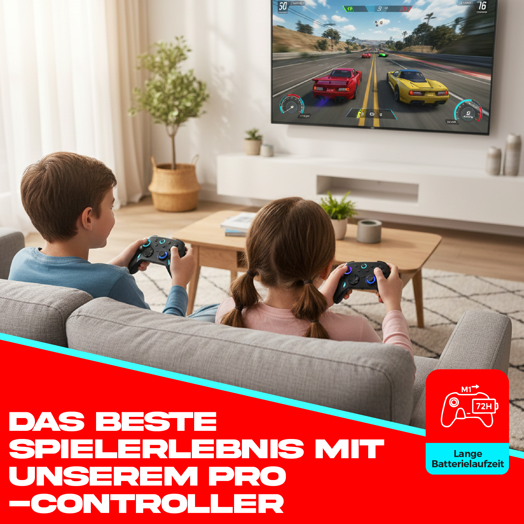 Zwei Kinder spielen ein Rennspiel am Fernseher. Sie halten Controller auf einem grauen Sofa. Text wirbt unten für einen Pro-Controller.