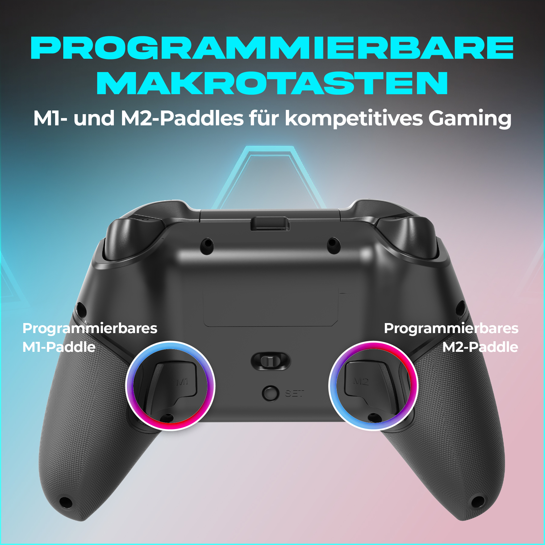 Ein schwarzer Gamecontroller mit programmierbaren Paddles M1 und M2, beleuchtet mit farbigen Ringen, vor einem Farbverlauf.
