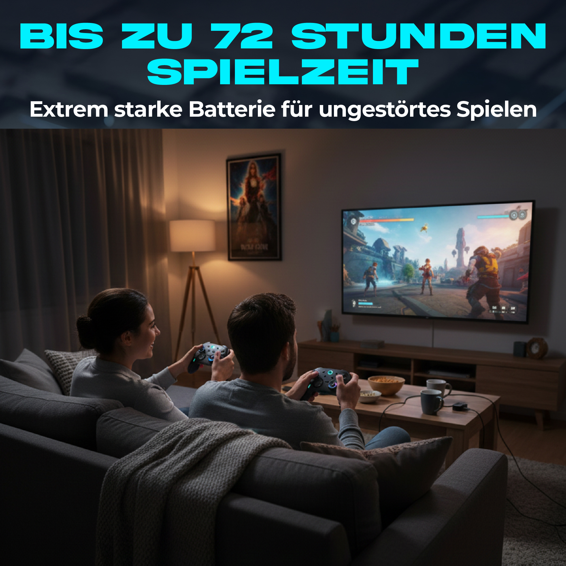 Ein Paar spielt ein Videospiel auf einem Fernseher. Sie sitzen auf einer Couch und halten Controller.