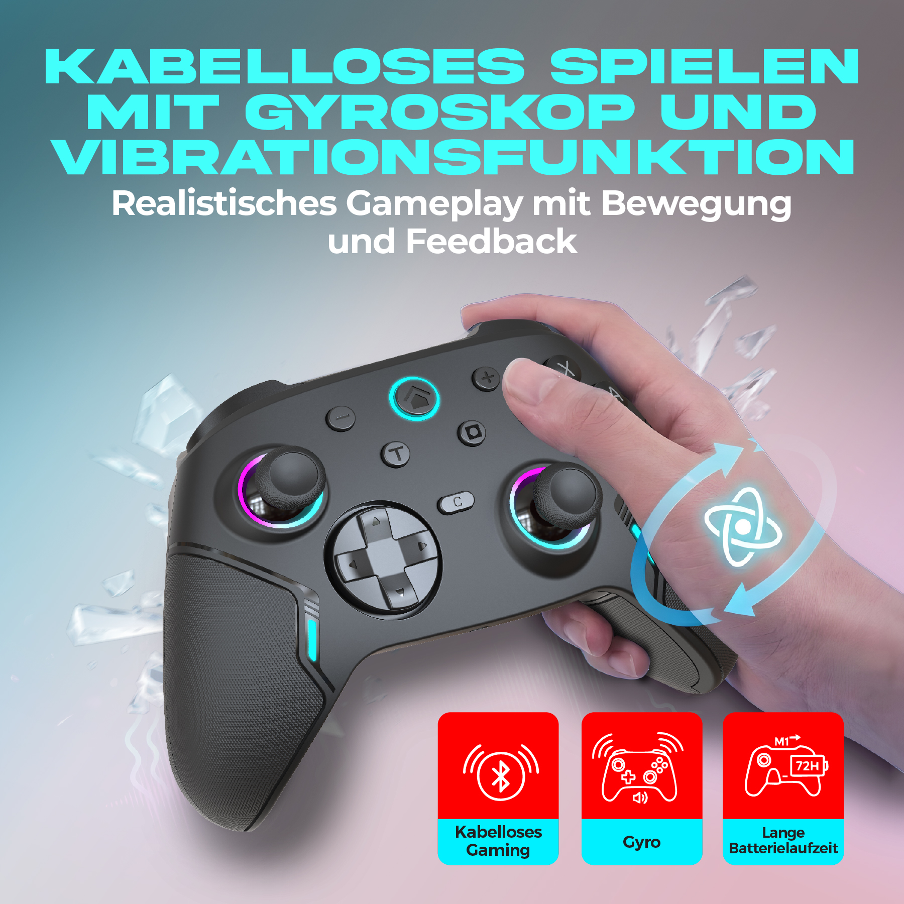 Hand hält einen schwarzen Gamecontroller. Tasten sind T, C und ein Steuerkreuz. Text: Kabelloses Gaming, Gyro und Batterie.