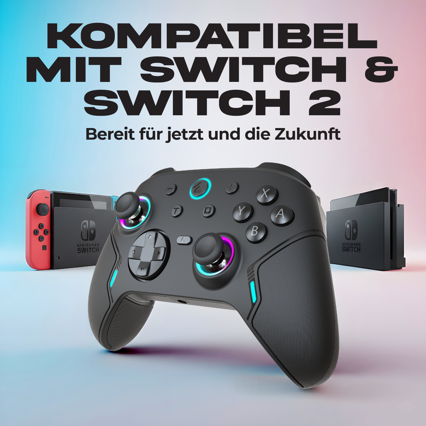 Bild zeigt einen schwarzen Gamecontroller mit einer Nintendo Switch-Konsole und Dockingstation. Text: 'Kompatibel mit Switch & Switch 2'.