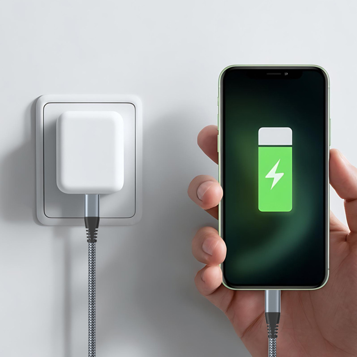Ein Telefon wird aufgeladen. Es zeigt einen grünen Akku mit Blitz. Ein Ladegerät ist an der Wand eingesteckt und mit dem Telefon verbunden.