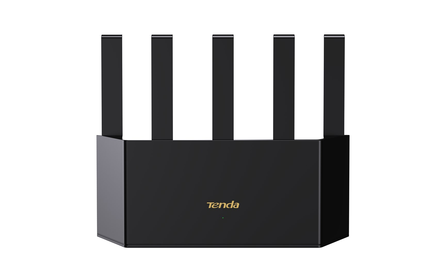 Czarny router Tenda z pięcioma antenami. Logo Tenda jest złote. Tło jest białe.