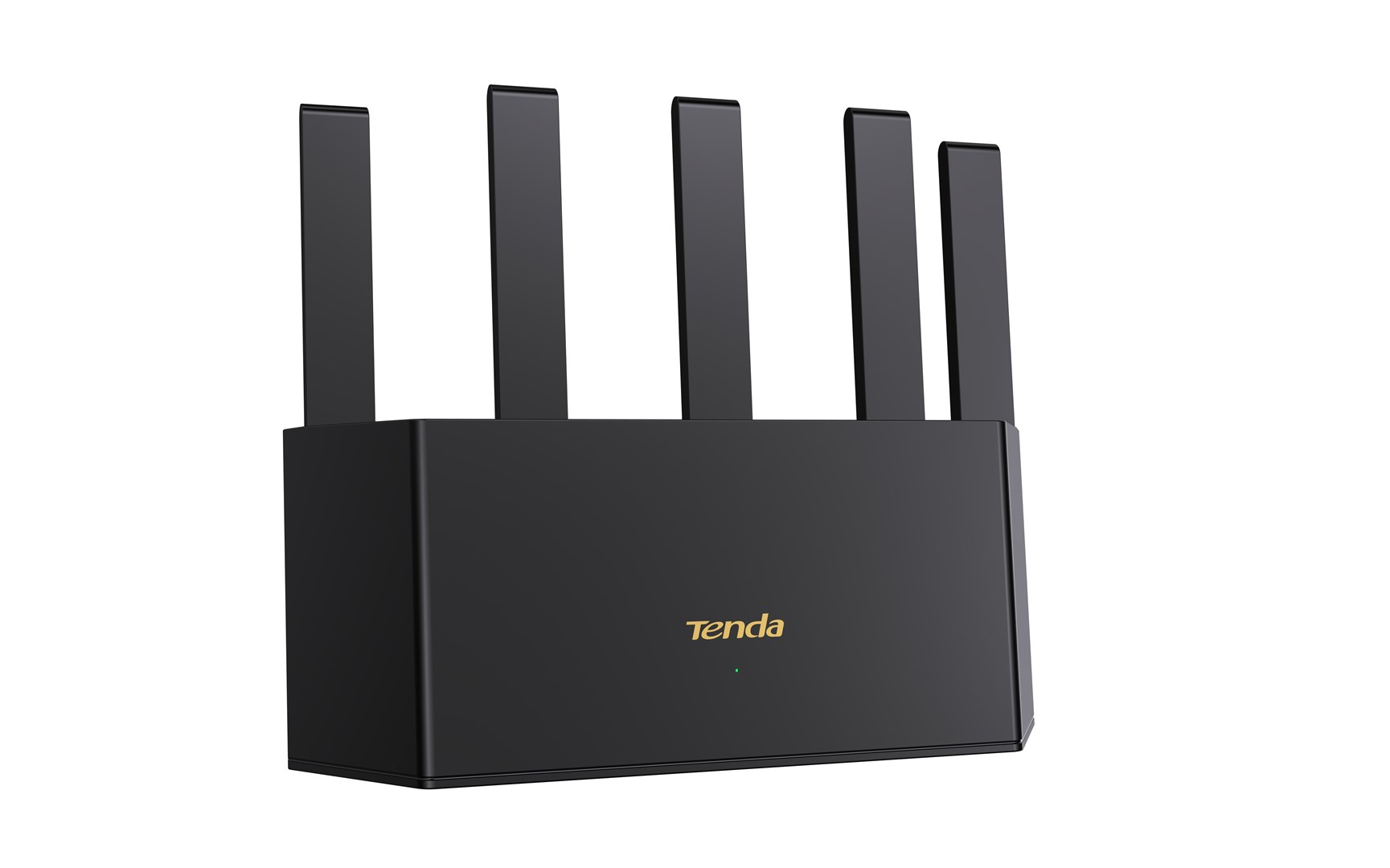 Czarny router Tenda z pięcioma antenami. Logo Tenda jest złote. Tło jest białe.