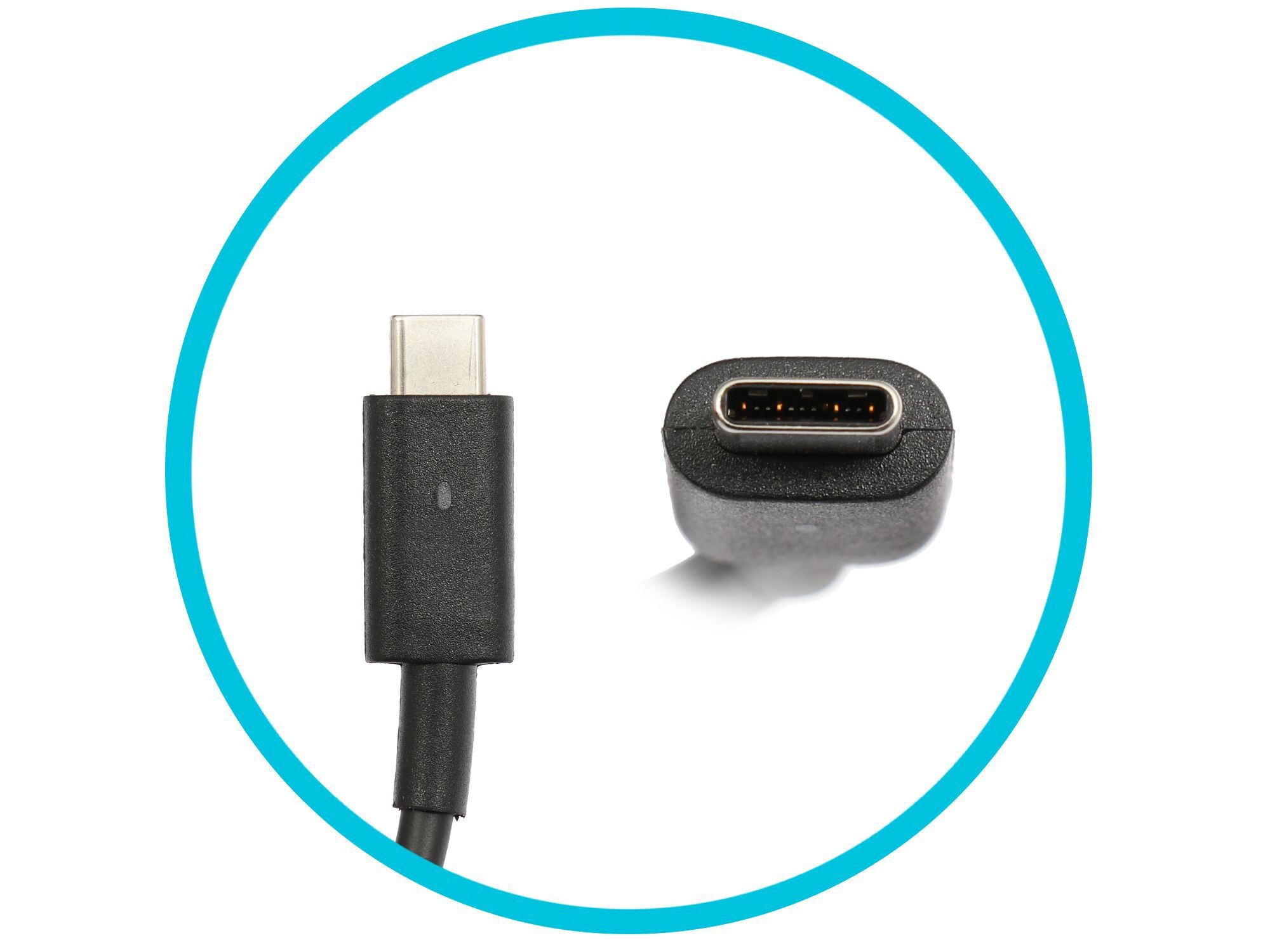 Zwei schwarze USB-C-Anschlüsse auf Weiß, einer eingesteckt, einer lose, in einem blauen Kreis.