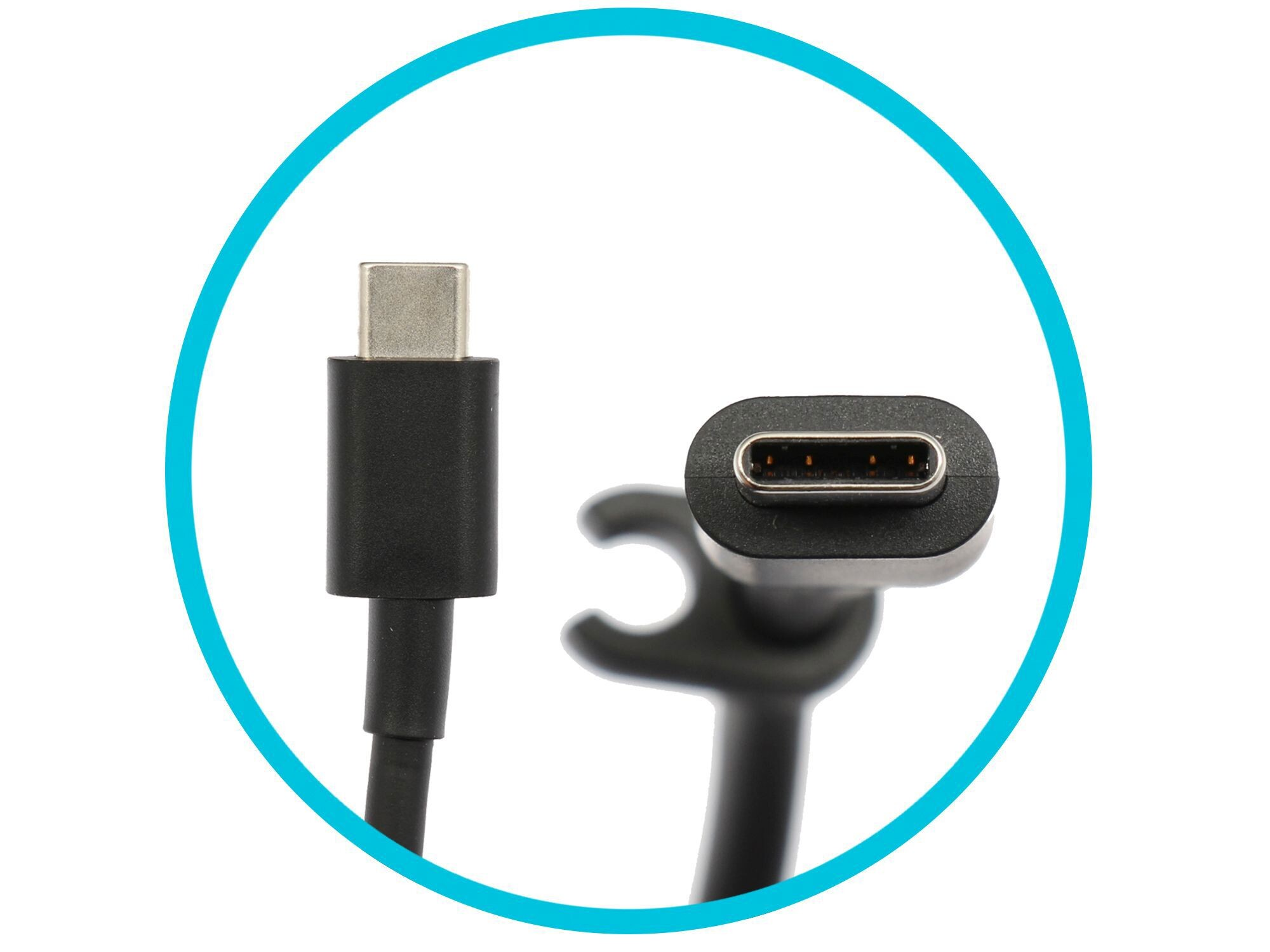 Zwei schwarze USB-C-Kabel, eines mit Metallspitze und das andere mit geschwungenem Design, in einem blauen Kreis.