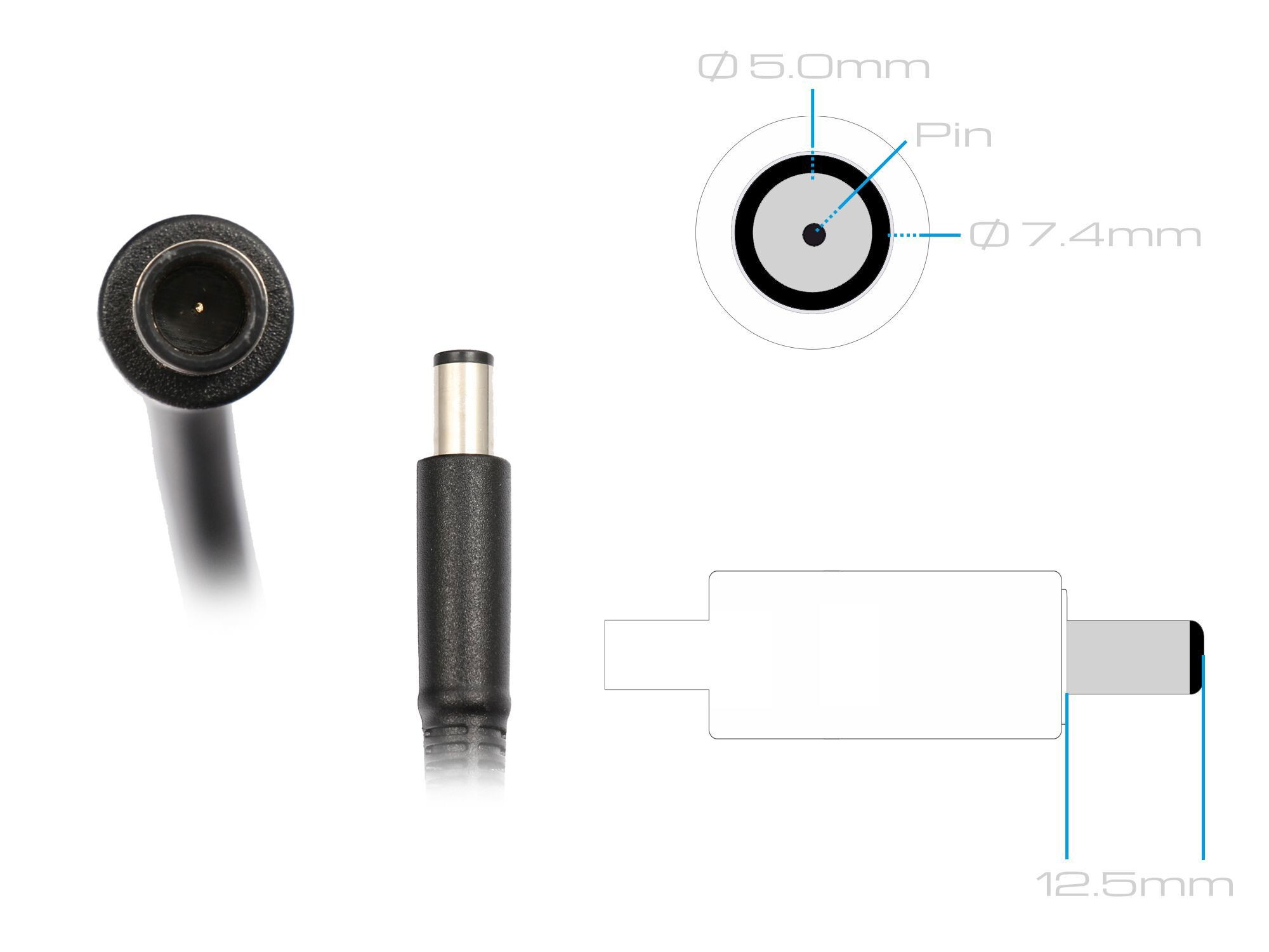 Diagramm eines Netzadapters mit Abmessungen. Enthält Nahaufnahmen von Stecker und Buchse, beschriftet mit Messungen.