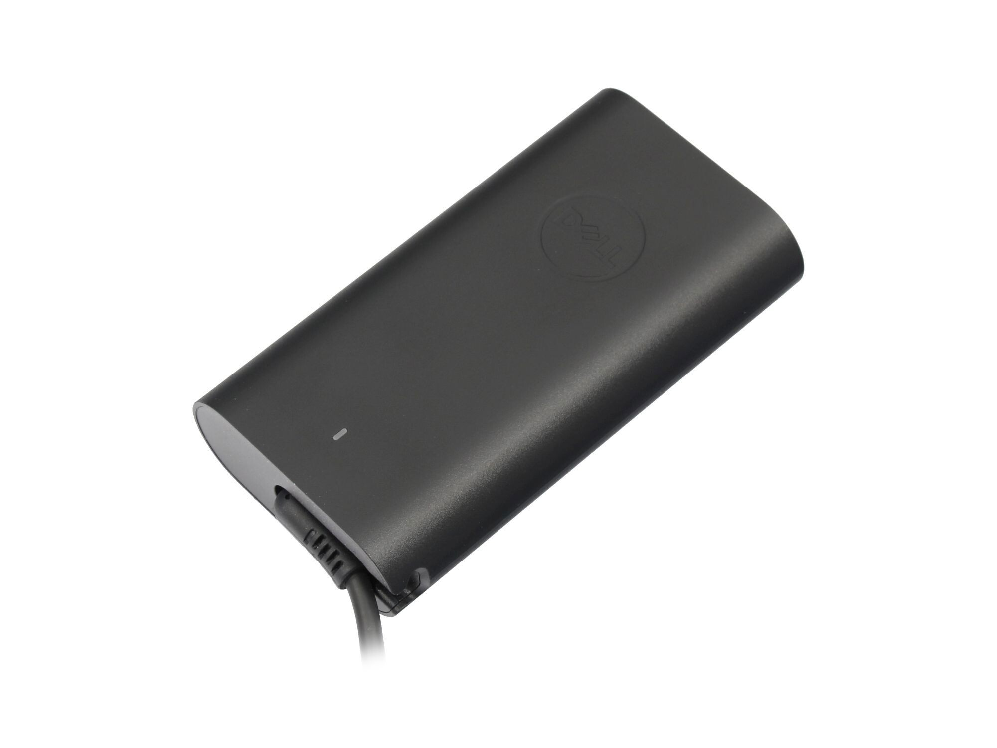 Ein schwarzes Dell Laptop-Netzteil. Es ist rechteckig mit abgerundeten Ecken und einem Kabelanschluss.