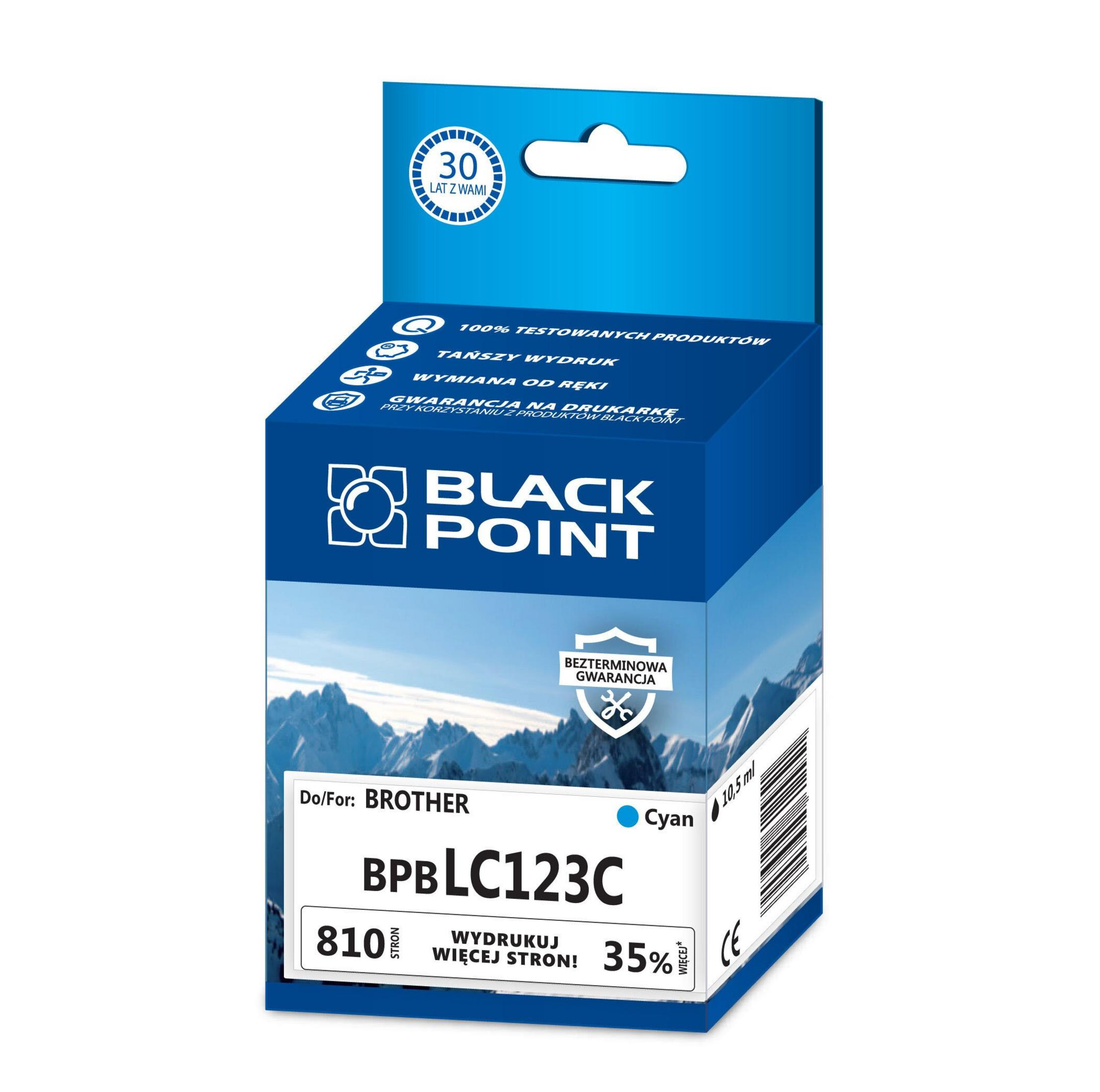 Una scatola di cartucce d'inchiostro Black Point blu e bianca. Il testo include 'BPBLC123C', 'Cyan' e '35% più pagine'.