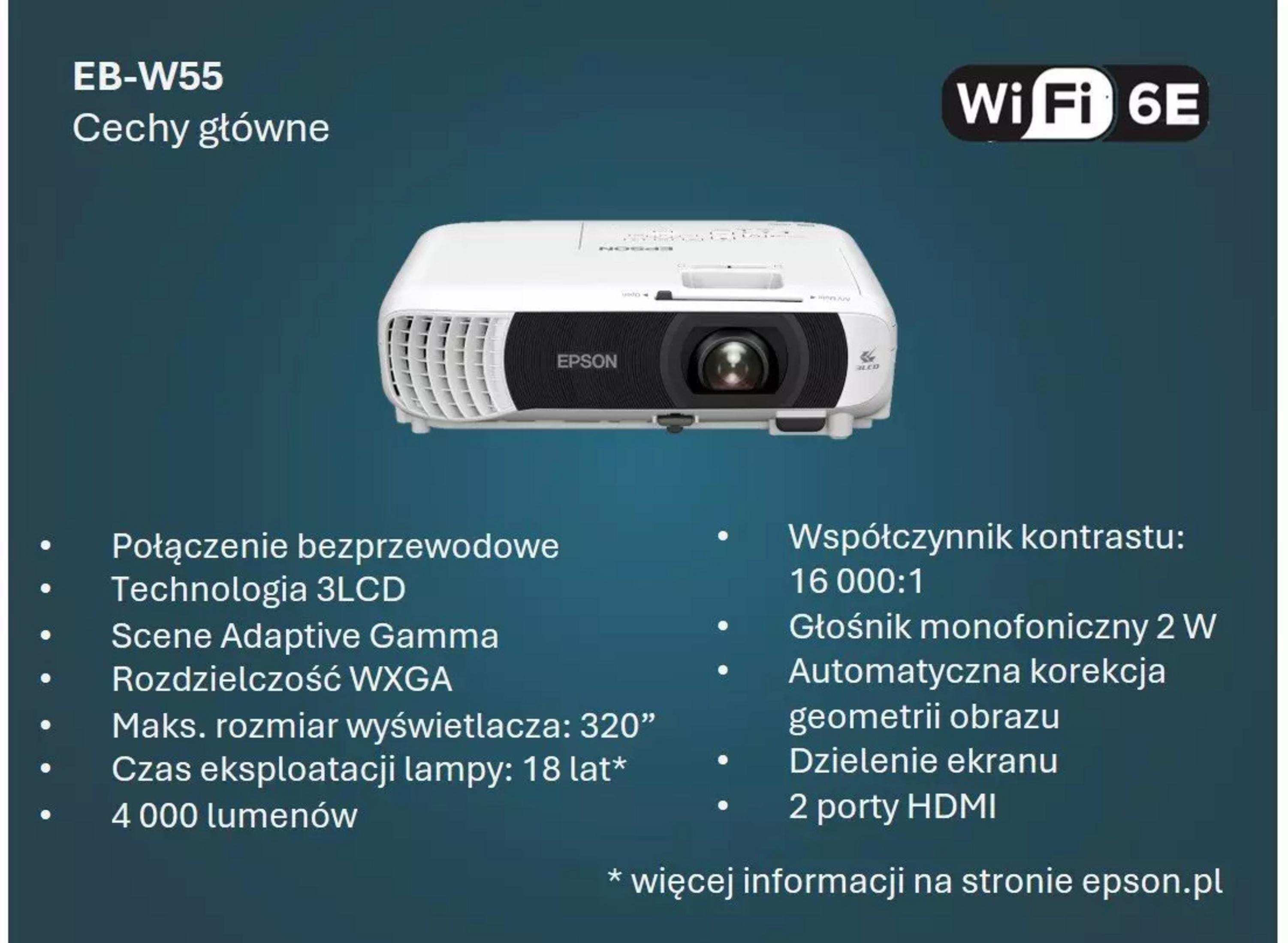 Biały projektor Epson z czarnym obiektywem, wymienione funkcje. Tekst zawiera logo Wi-Fi 6E.