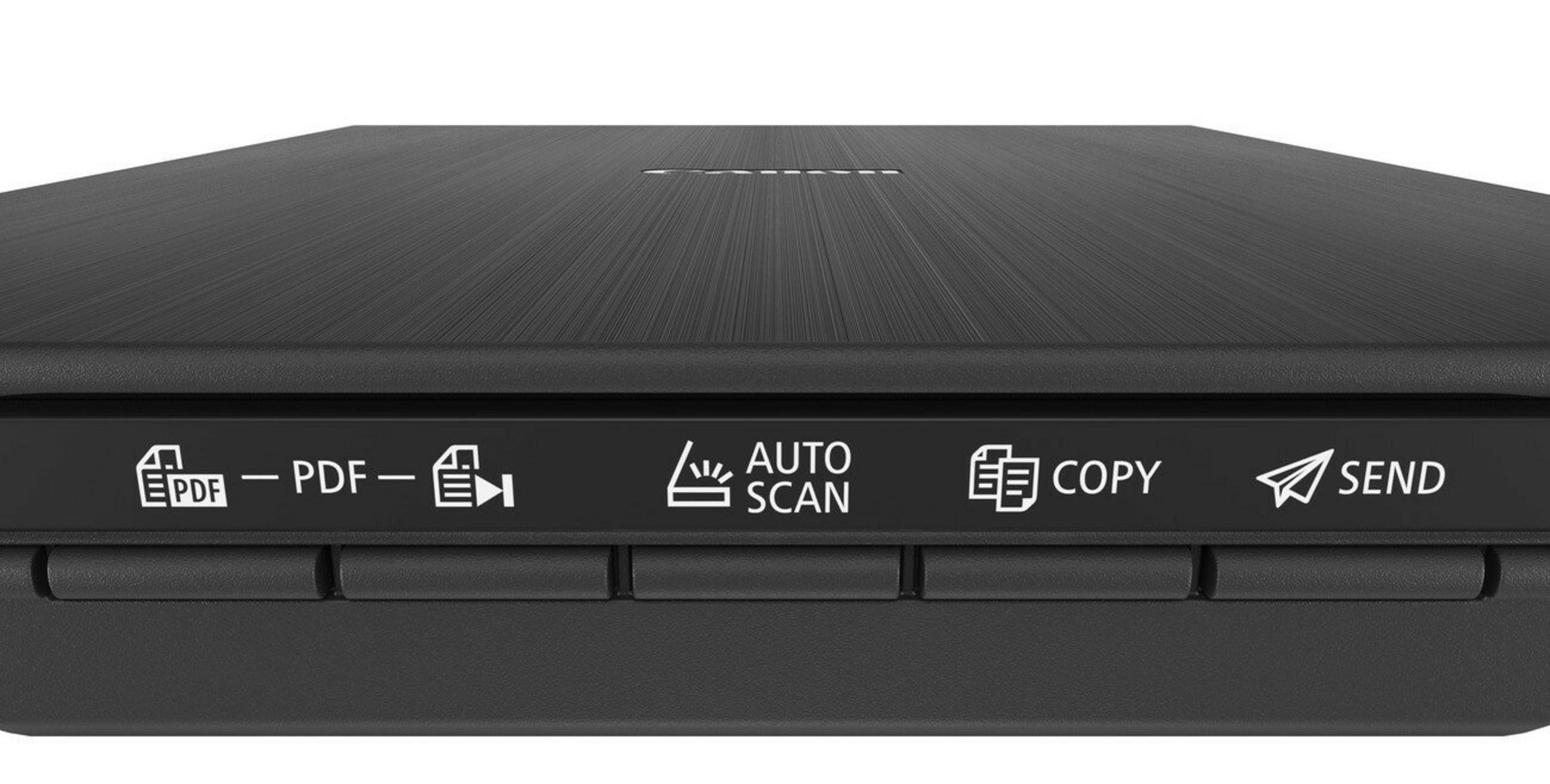 Zbliżenie czarnego skanera Canon. Widoczne przyciski PDF, Auto Scan, Kopiuj i Wyślij. Górna powierzchnia jest teksturowana.