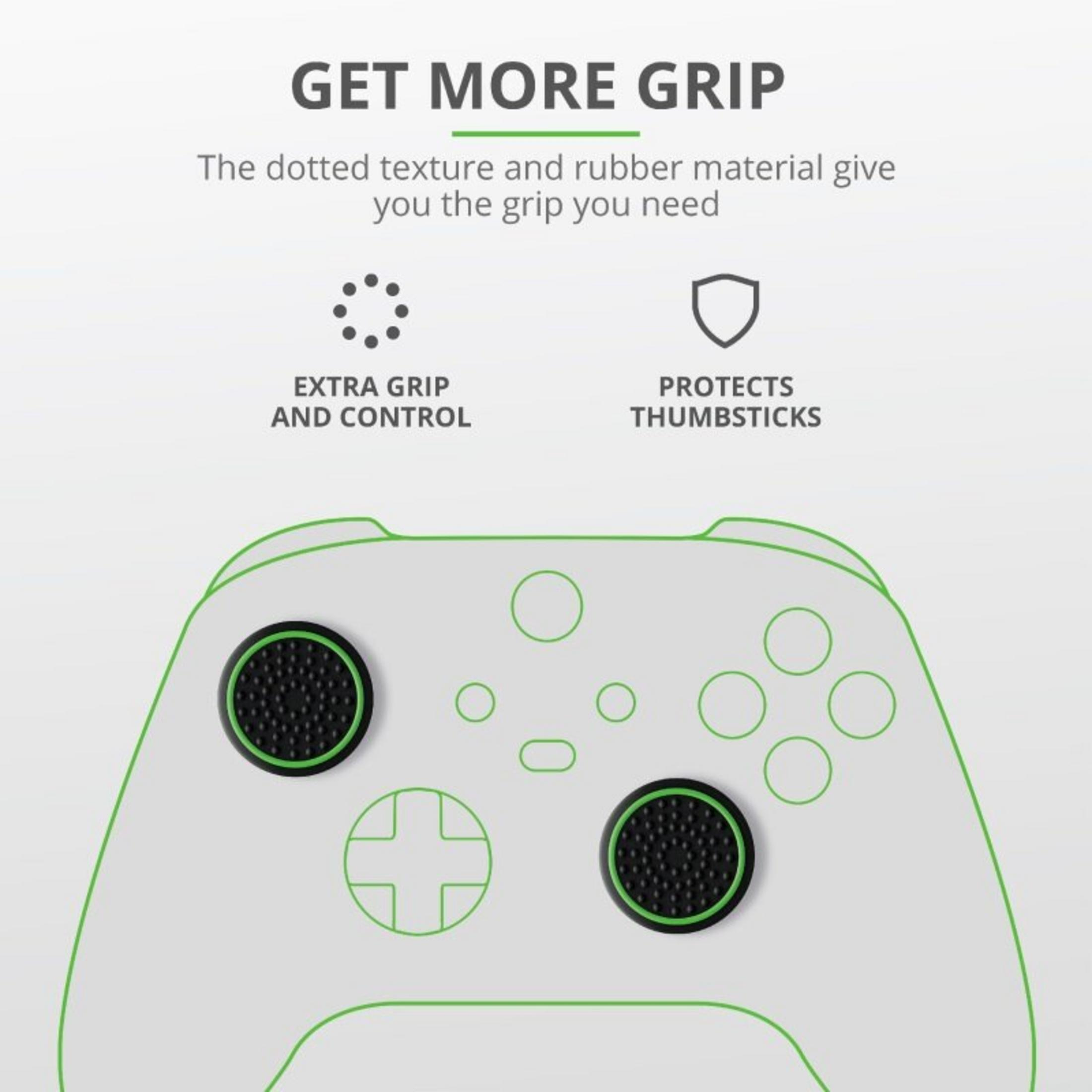 Das Bild zeigt einen Gamecontroller mit Grifferweiterungen. Der Text lautet 'Get more grip'.