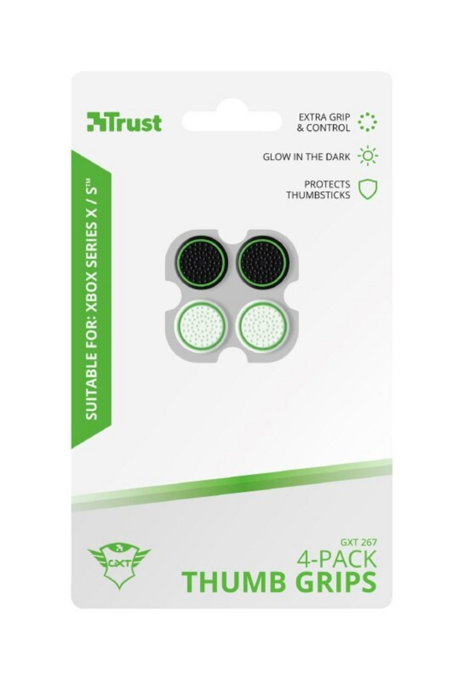 Eine Packung mit Trust-Daumengriffen für Xbox Series X/S. Sie hat vier Griffe, zwei schwarze und zwei weiße. Die Verpackung ist grün und weiß.