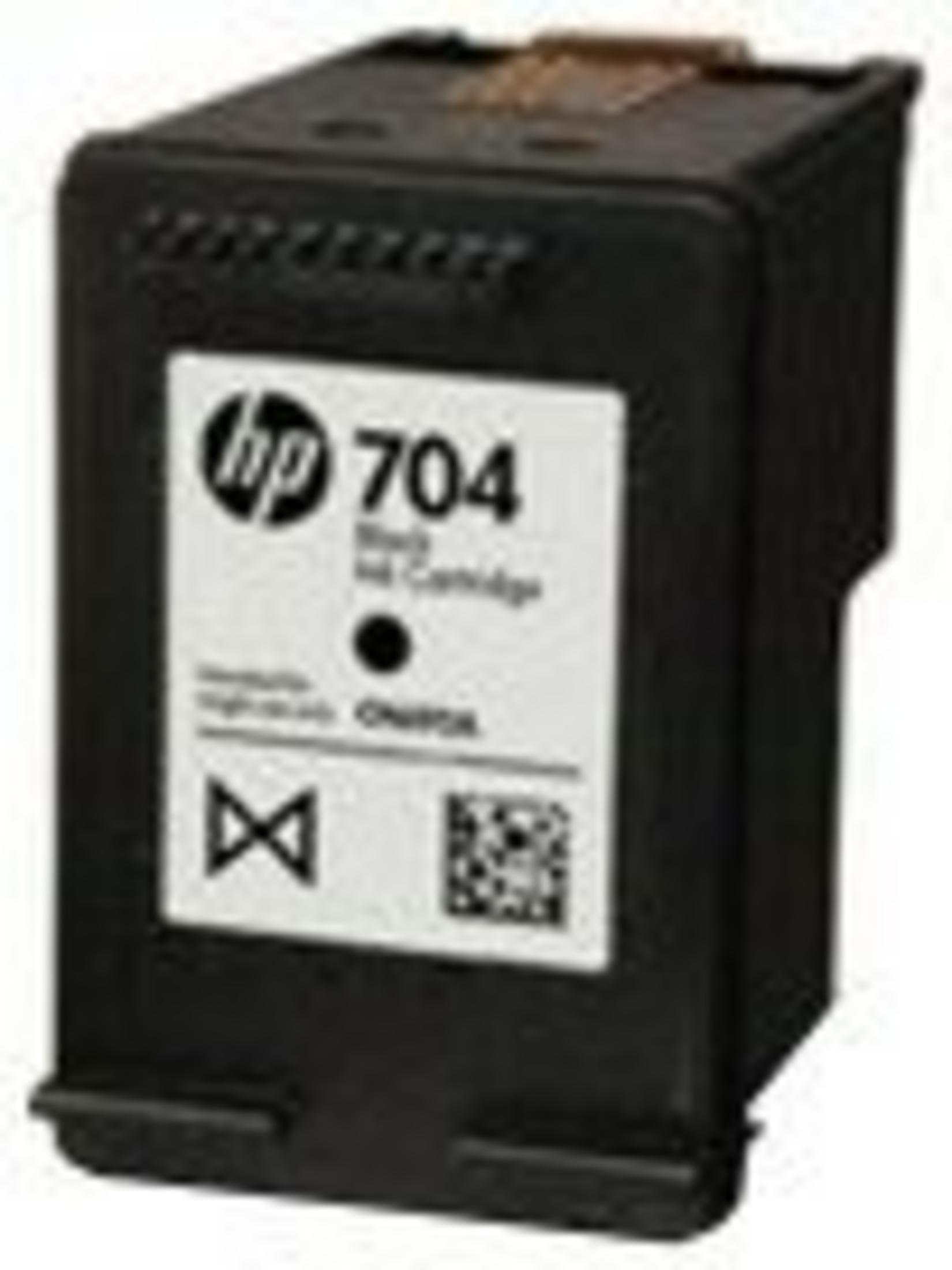 Eine schwarze HP 704 Tintenpatrone. Sie hat ein weißes Etikett mit dem HP-Logo, der Nummer 704 und den Worten 'Black Ink Cartridge'.