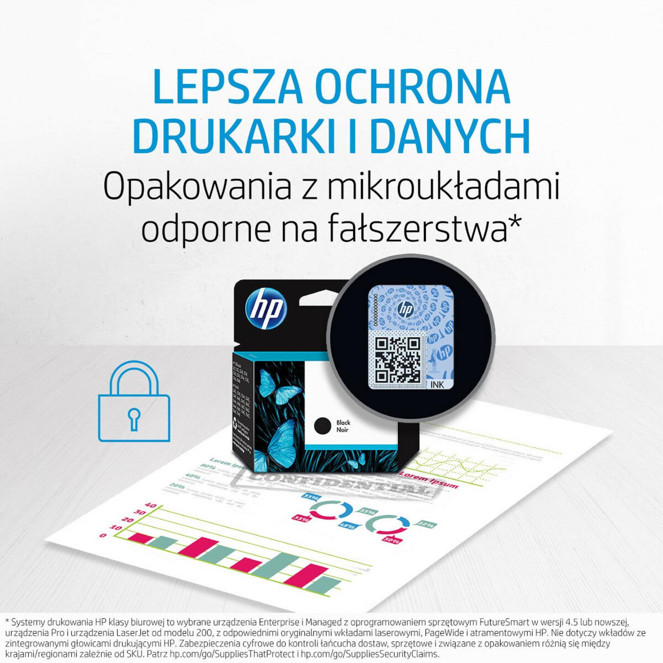 Eine HP-Tintenpatronenbox mit einem Sicherheitssiegel. Diagramme und Grafiken sind im Hintergrund.