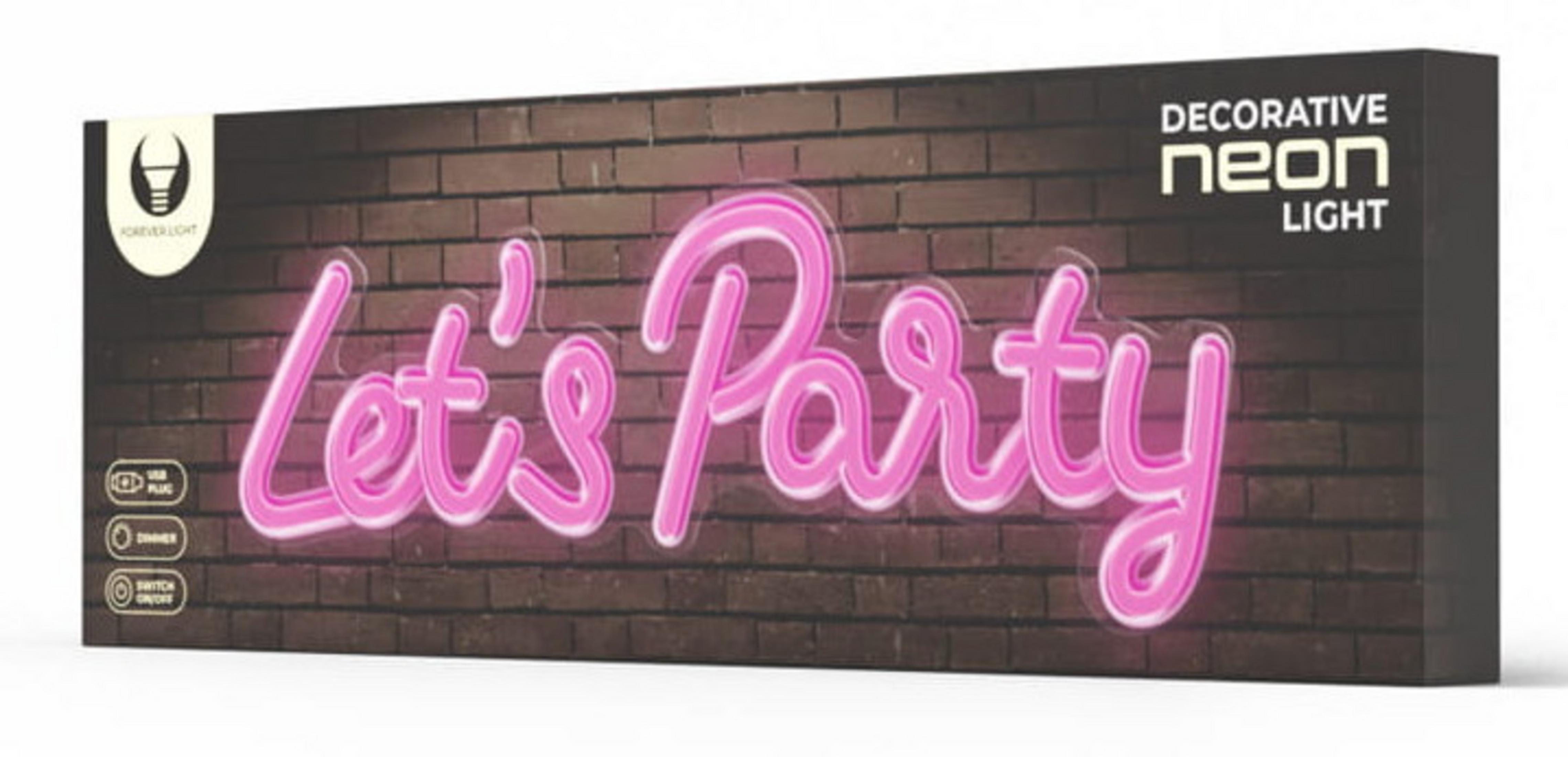 Eine Schachtel mit einem pinkfarbenen Neonzeichen mit der Aufschrift 'Let's Party'. Der Hintergrund ist eine Backsteinmauer.