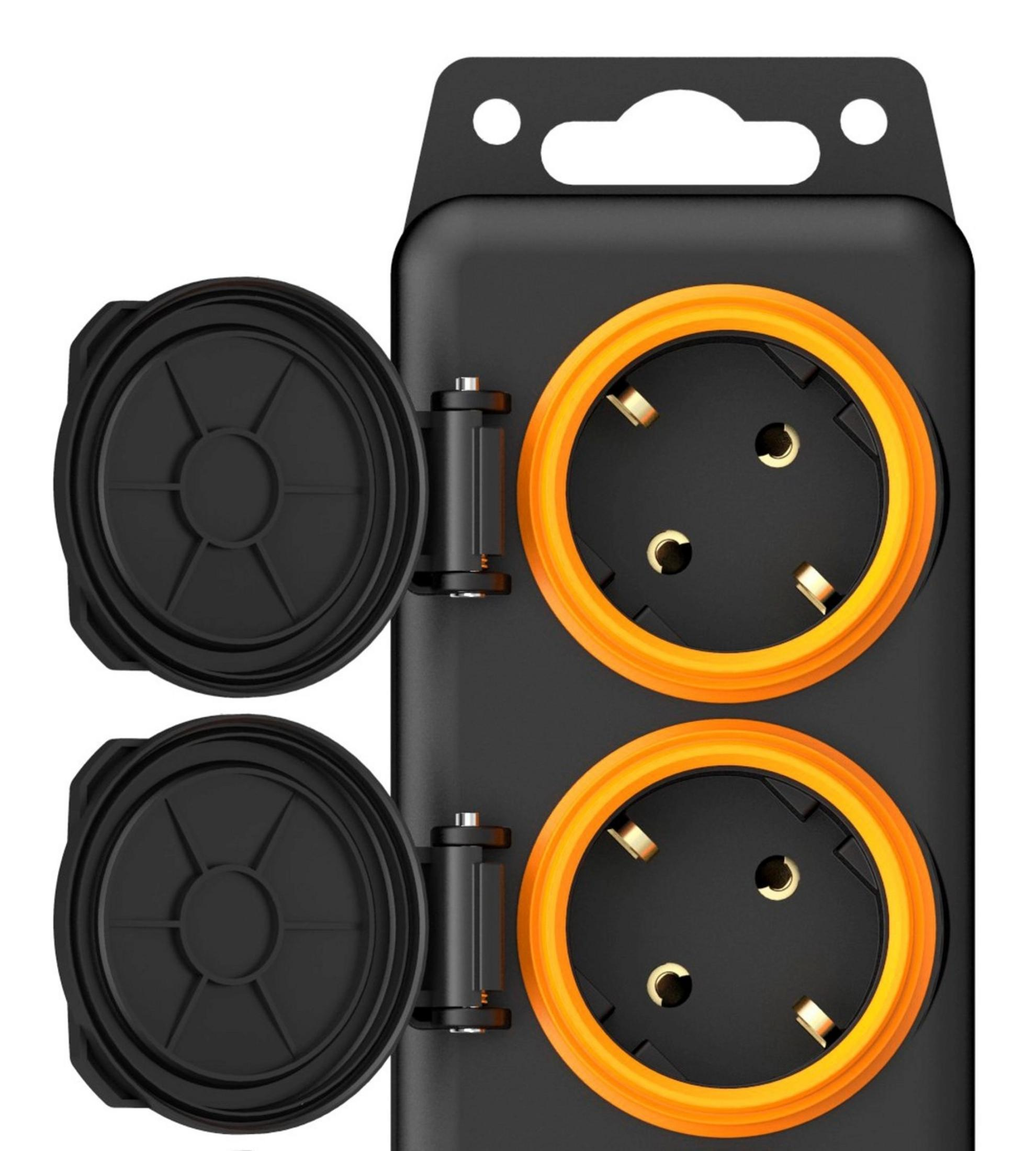 Schwarze Steckdosenleiste mit zwei Steckdosen, orangefarbenen Ringen und zwei schwarzen Schutzabdeckungen.