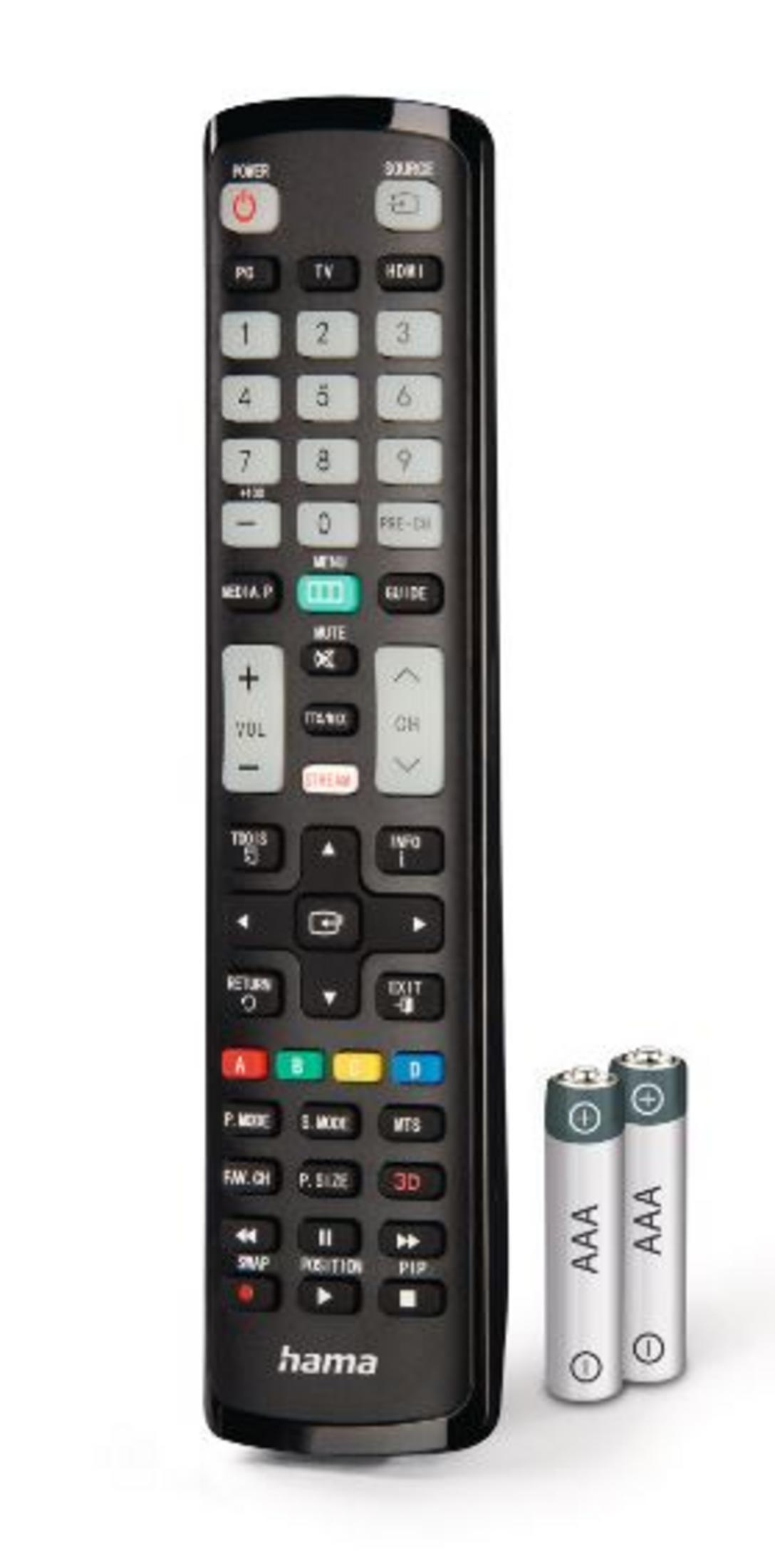 Un telecomando Hama nero con molti pulsanti e due batterie AAA su sfondo bianco.