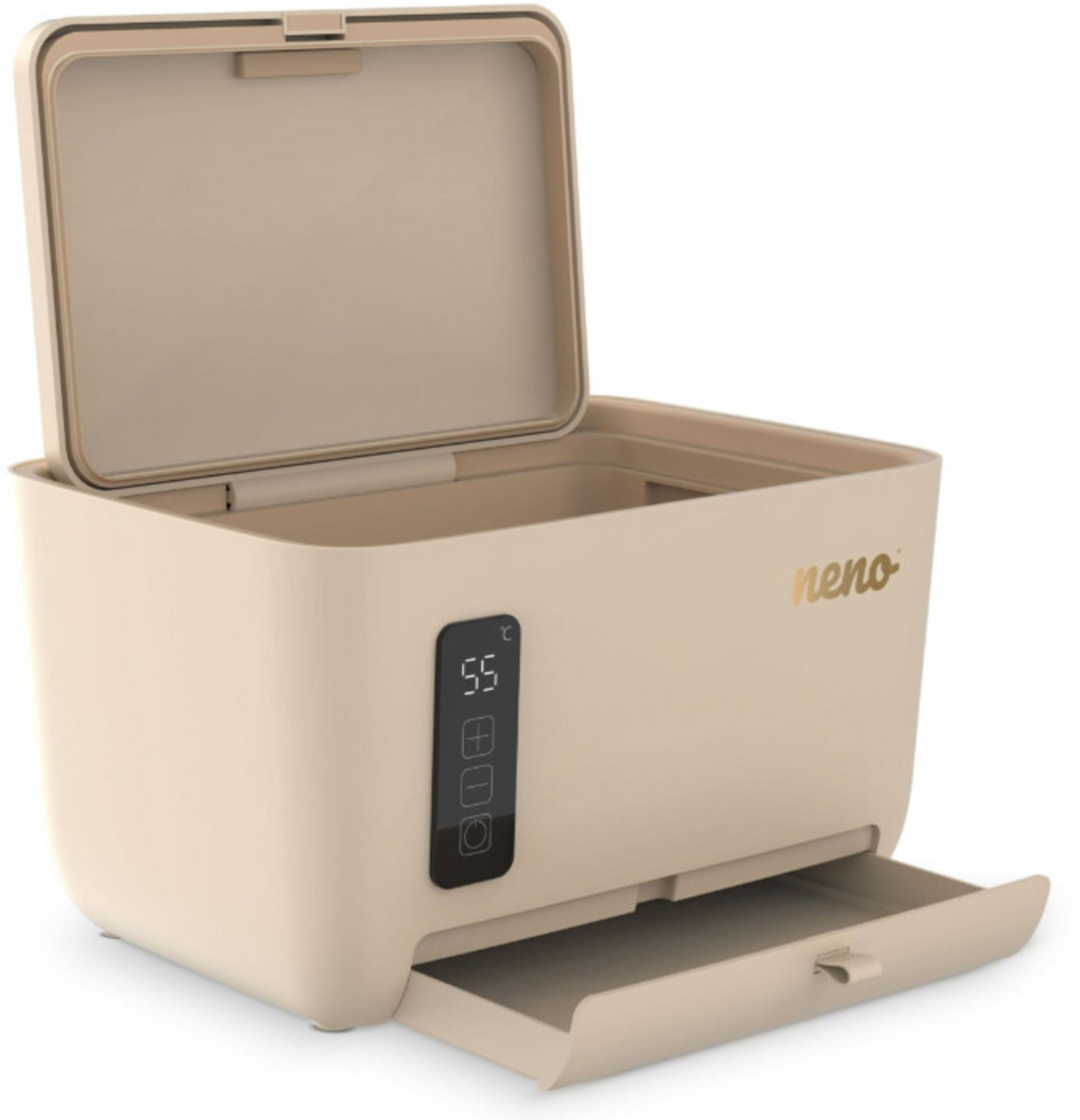 Esterilizador beige con tapa y cajón abiertos. Tiene una pantalla digital que muestra 55 grados. El nombre 'neno' está en el lado.
