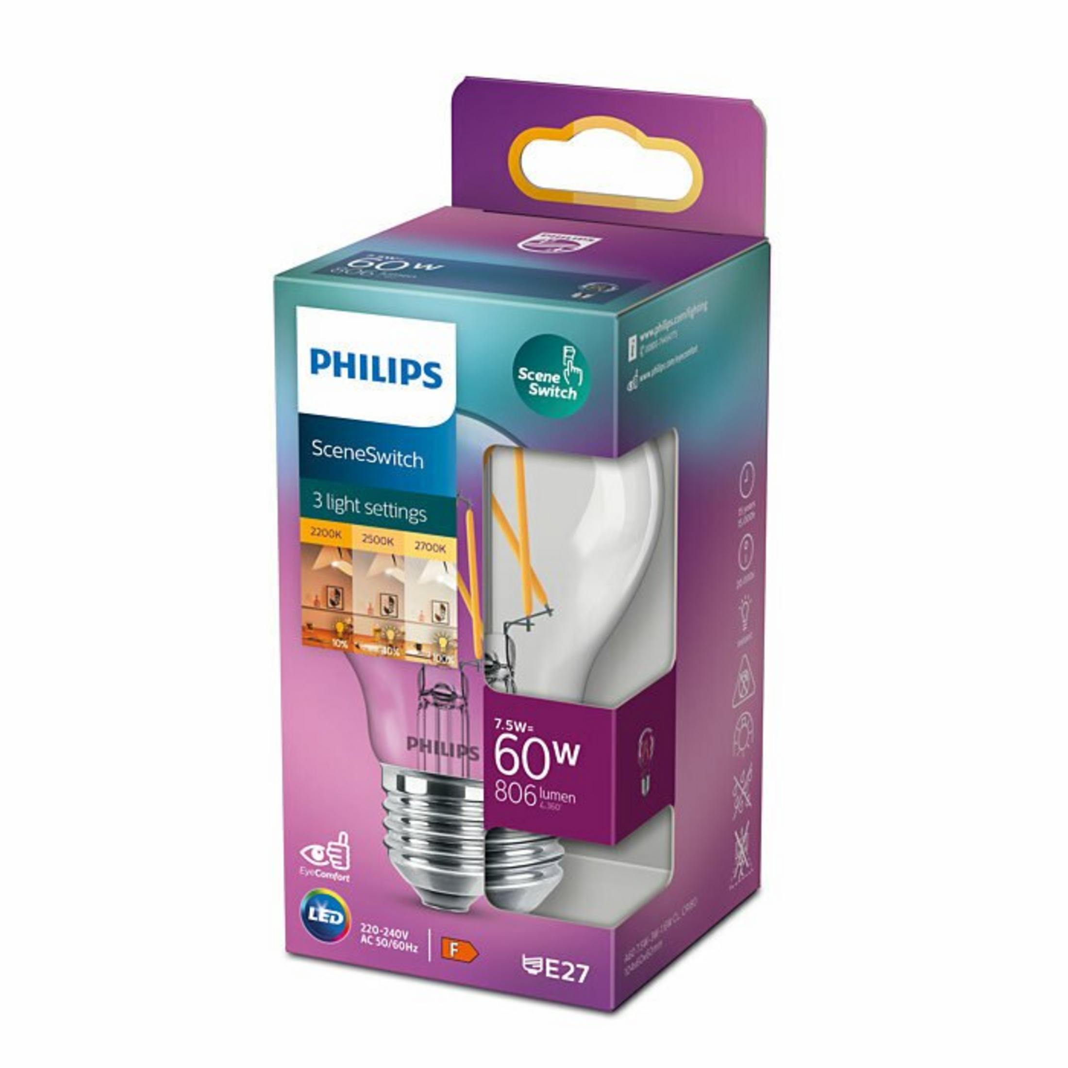 Żarówka LED Philips SceneSwitch w pudełku, z przezroczystą żarówką i pomarańczowymi włóknami. Pudełko jest fioletowe i turkusowe.