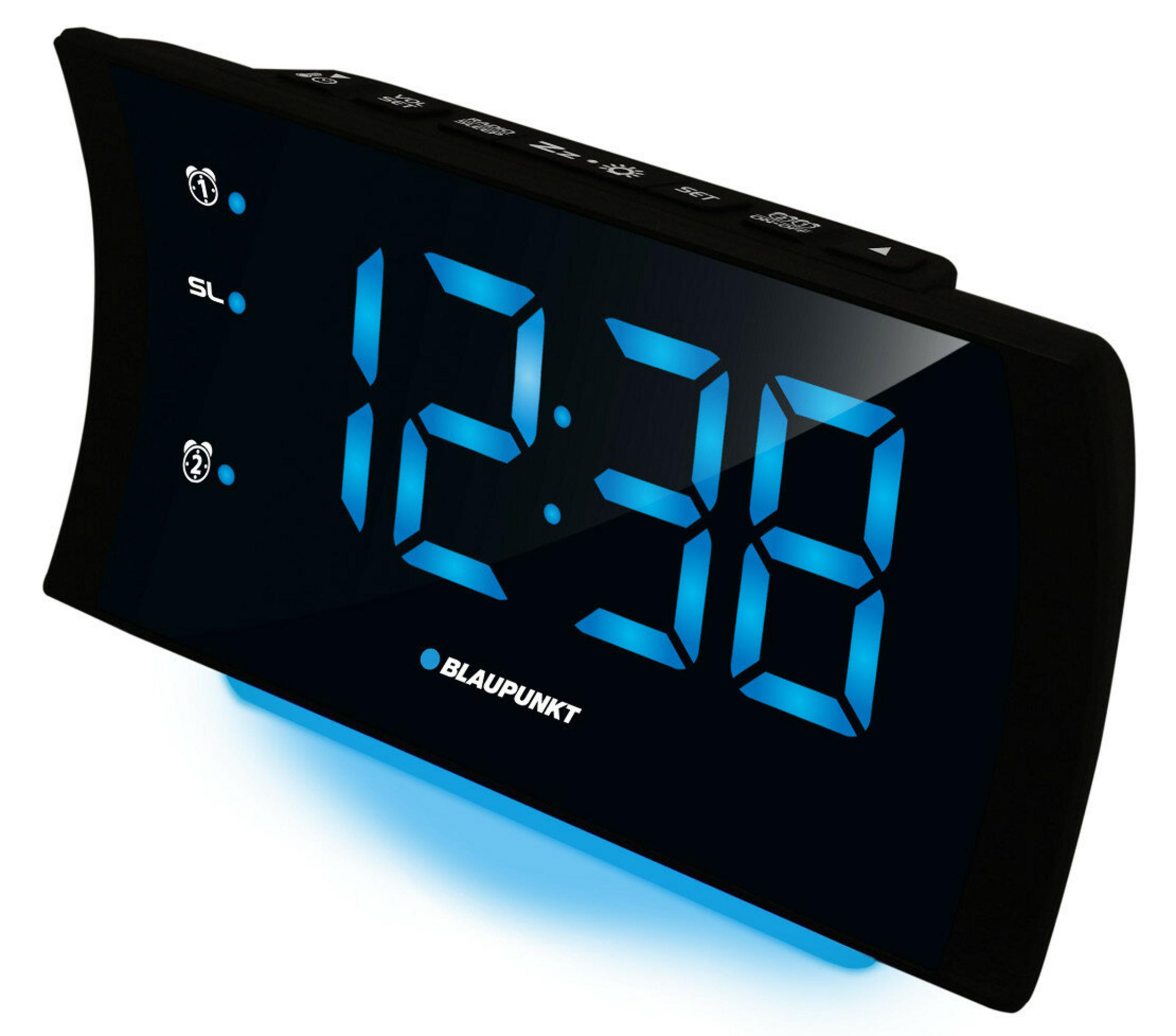 Czarny cyfrowy budzik Blaupunkt wyświetla godzinę 12:38 w niebieskich cyfrach. Przyciski są na górze.