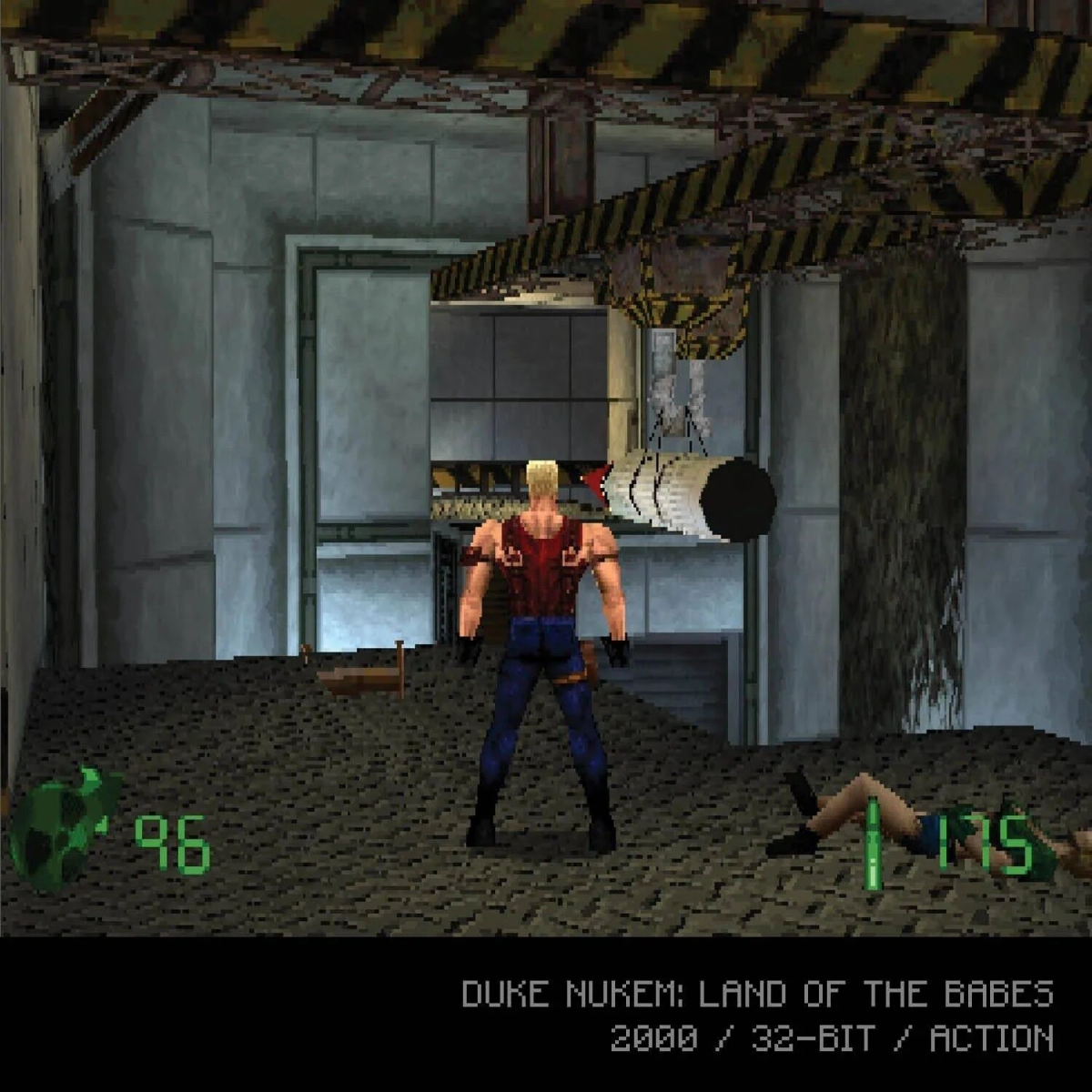 Duke Nukem w scenie gry. Stoi w pokoju z upadłą kobietą. Wyświetlane są numery 96 i 135. Widoczny jest tytuł gry.