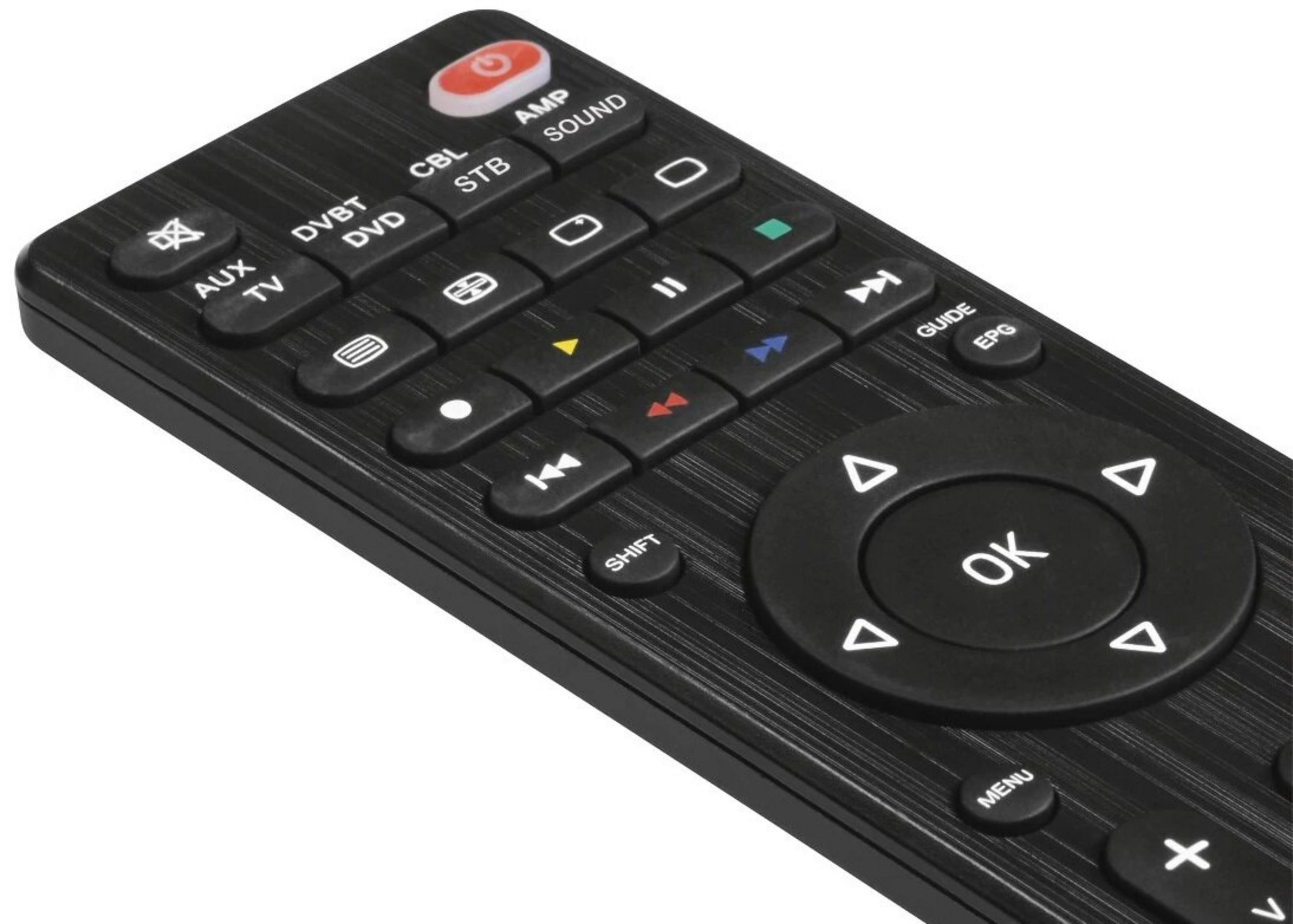 Czarny pilot do telewizora z przyciskami zasilania, kanałów, głośności i menu. Zawiera panel kierunkowy i klawisze numeryczne.