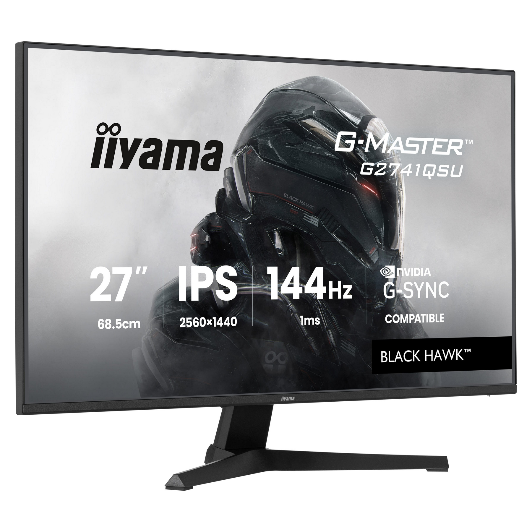 Monitor komputerowy z logo iiyama, G-MASTER i specyfikacjami produktu. Ma czarną ramkę i podstawkę.
