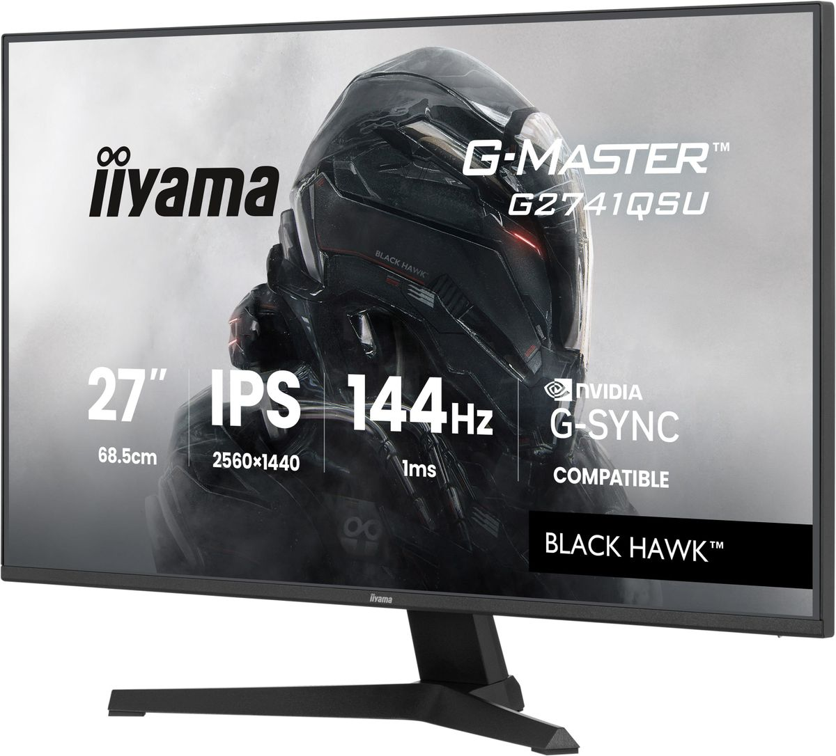 Monitor komputera wyświetla futurystyczny hełm, widoczne marki iiyama i G-MASTER. Specyfikacje: 27", IPS, 144Hz i G-SYNC.