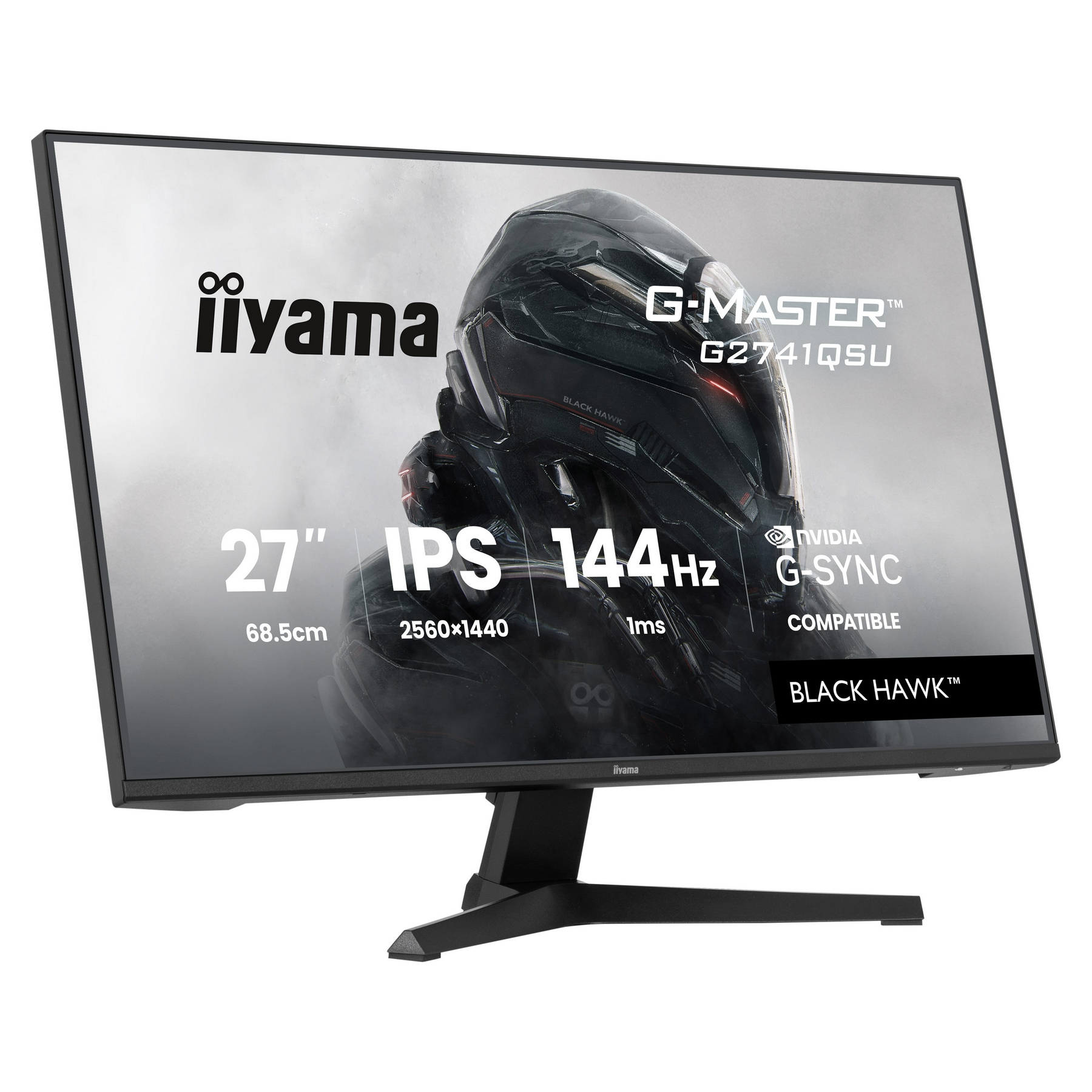 Monitor gamingowy Iiyama G-Master, czarna ramka, ze specyfikacjami: 27", IPS, 144Hz, G-Sync, Black Hawk.