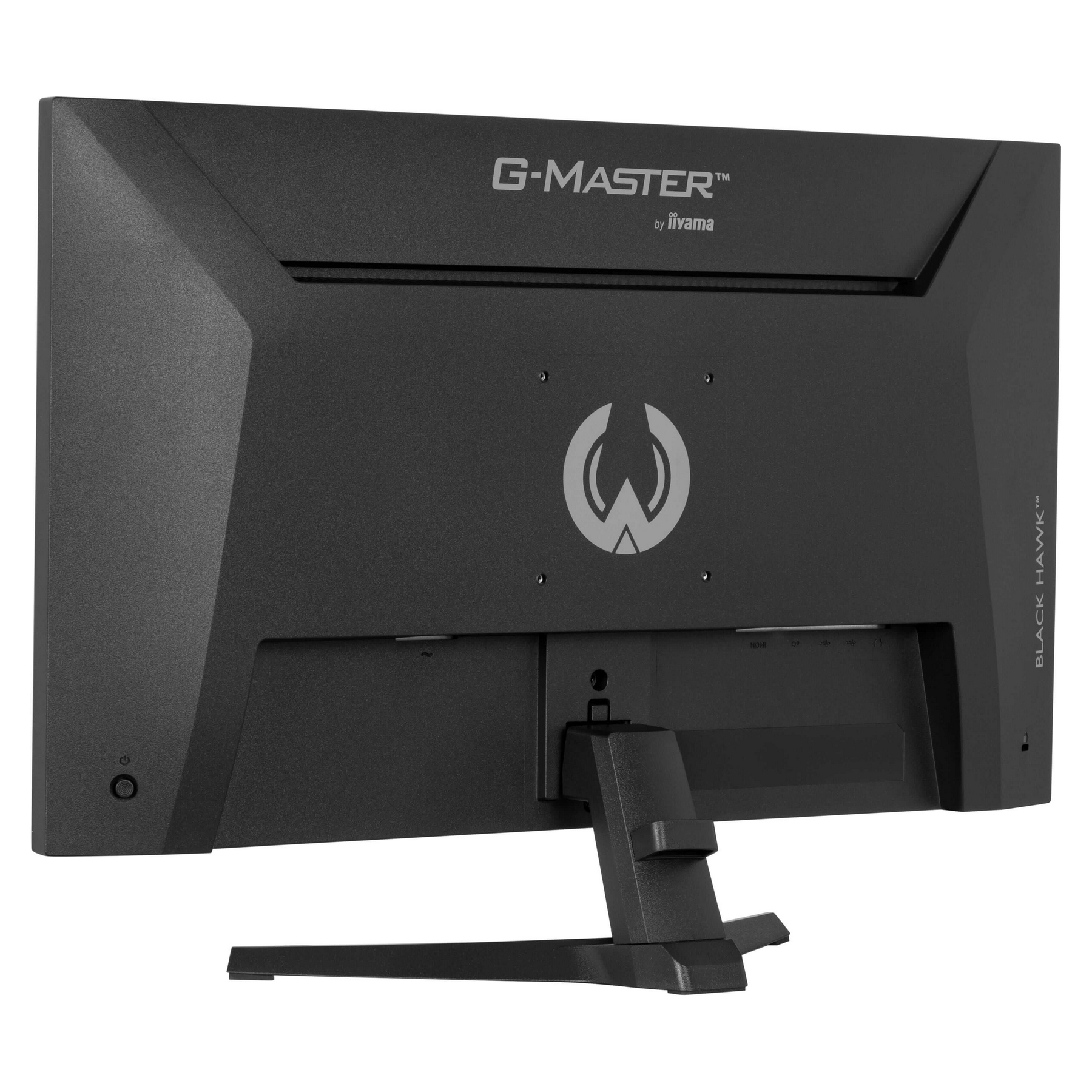 Tył czarnego monitora G-MASTER z logo, portami i podstawą. Napis BLACK HAWK znajduje się z boku.
