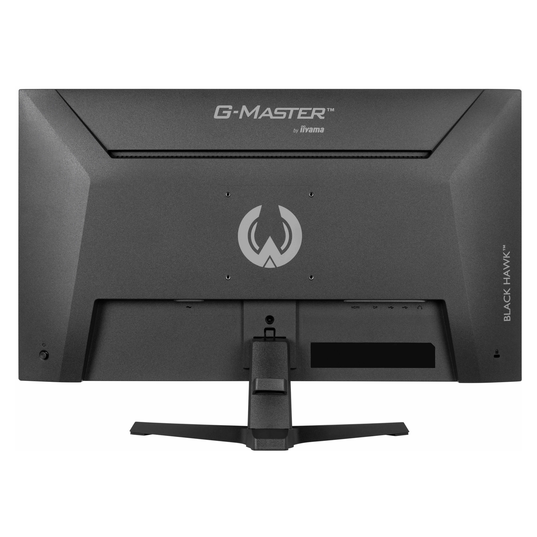 Tył czarnego monitora G-Master od Iiyama. Posiada podstawę, porty i logo Black Hawk.