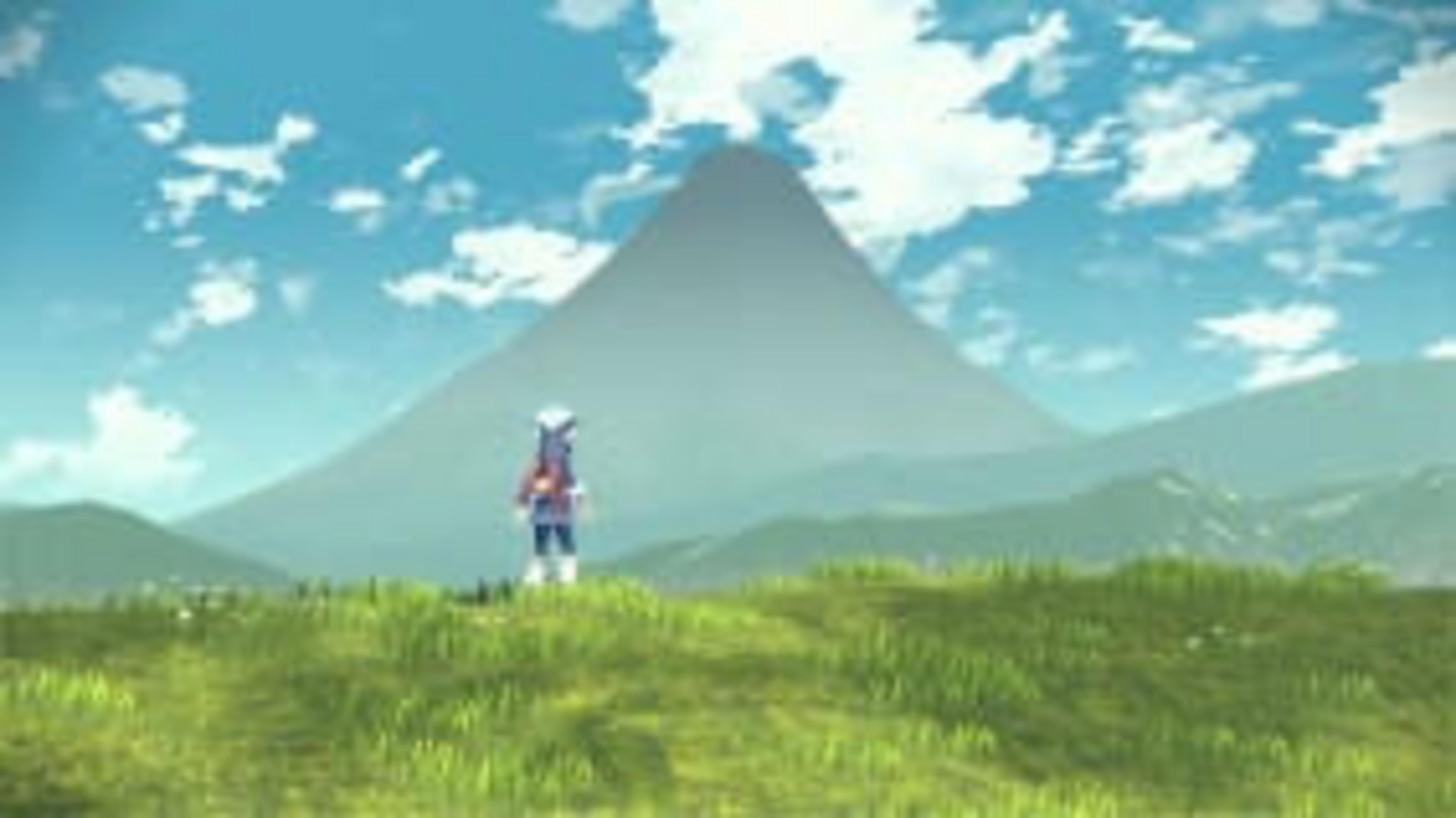 Una persona è in un campo erboso, con una grande montagna sullo sfondo sotto un cielo blu nuvoloso.