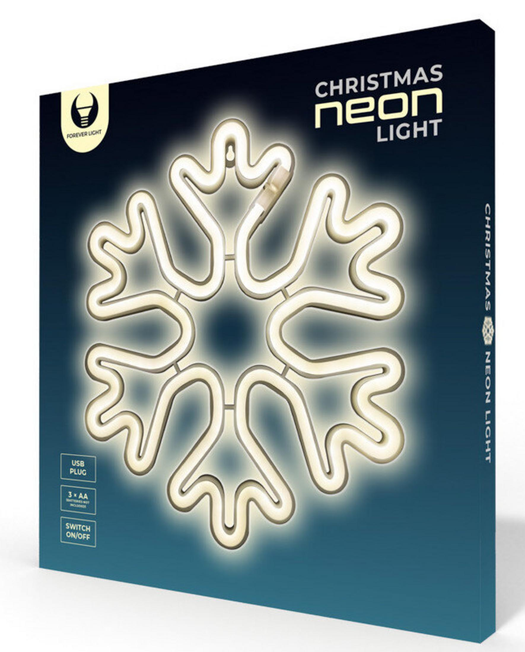 Eine Schachtel mit einem Neon-Schneeflockenlicht. Der Text lautet 'Christmas Neon Light'. Merkmale sind USB-Stecker und Schalter.