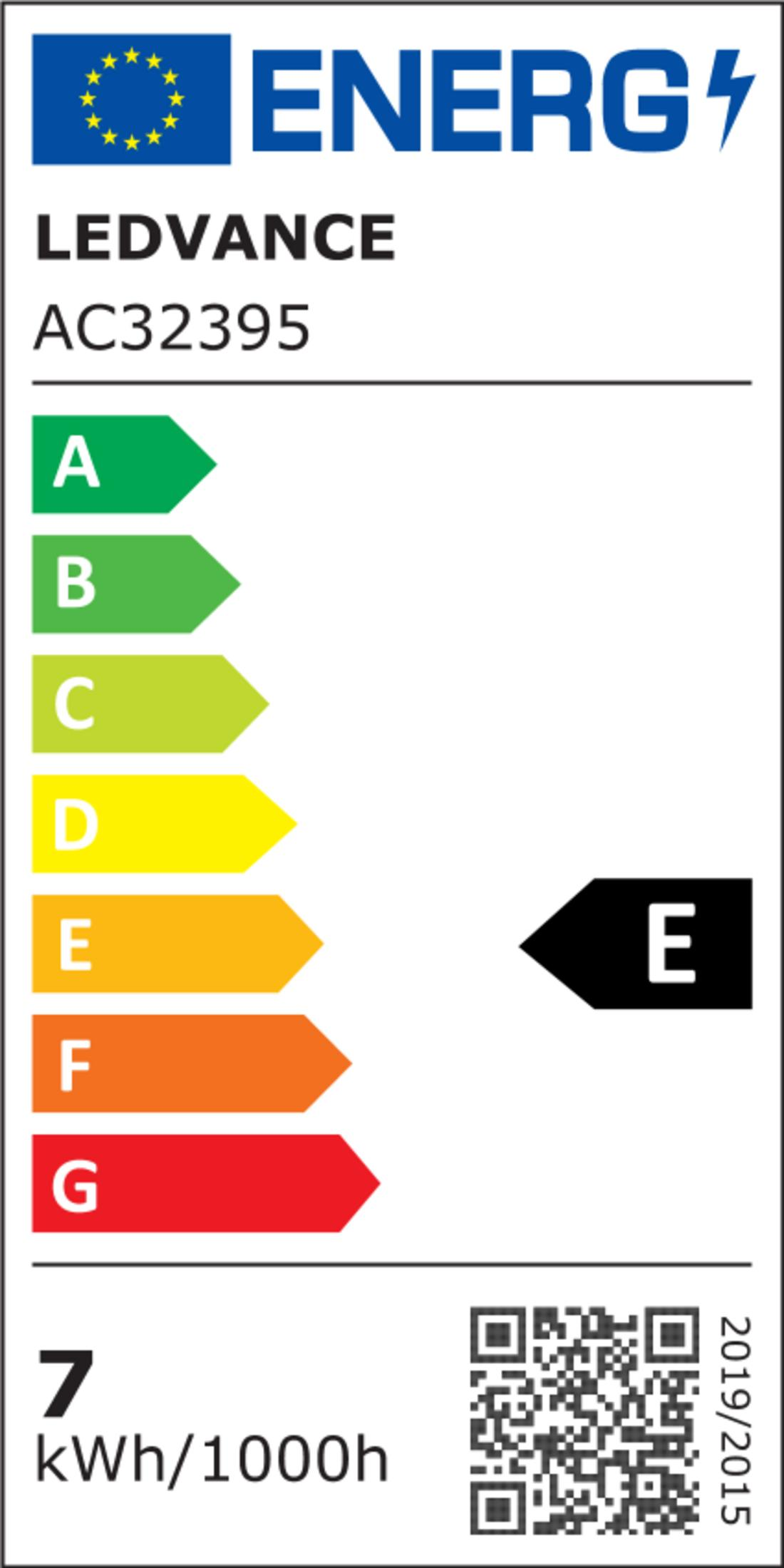 Etichetta energetica per una lampadina LEDVANCE. L'etichetta mostra una classe energetica 'E', un codice QR e dettagli.