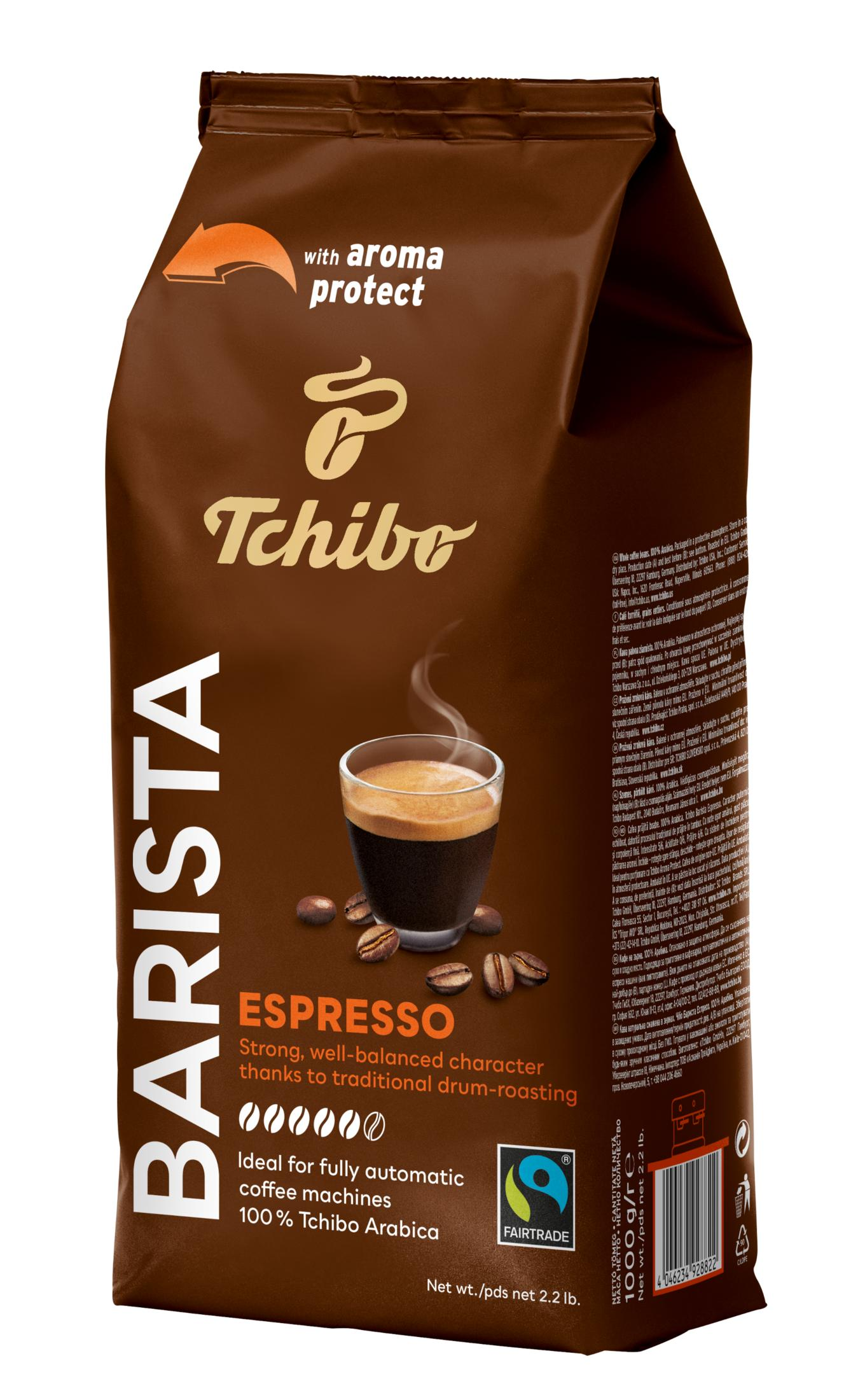Un sacchetto di caffè marrone con testo 'Barista Espresso' e grafica tazza di caffè.