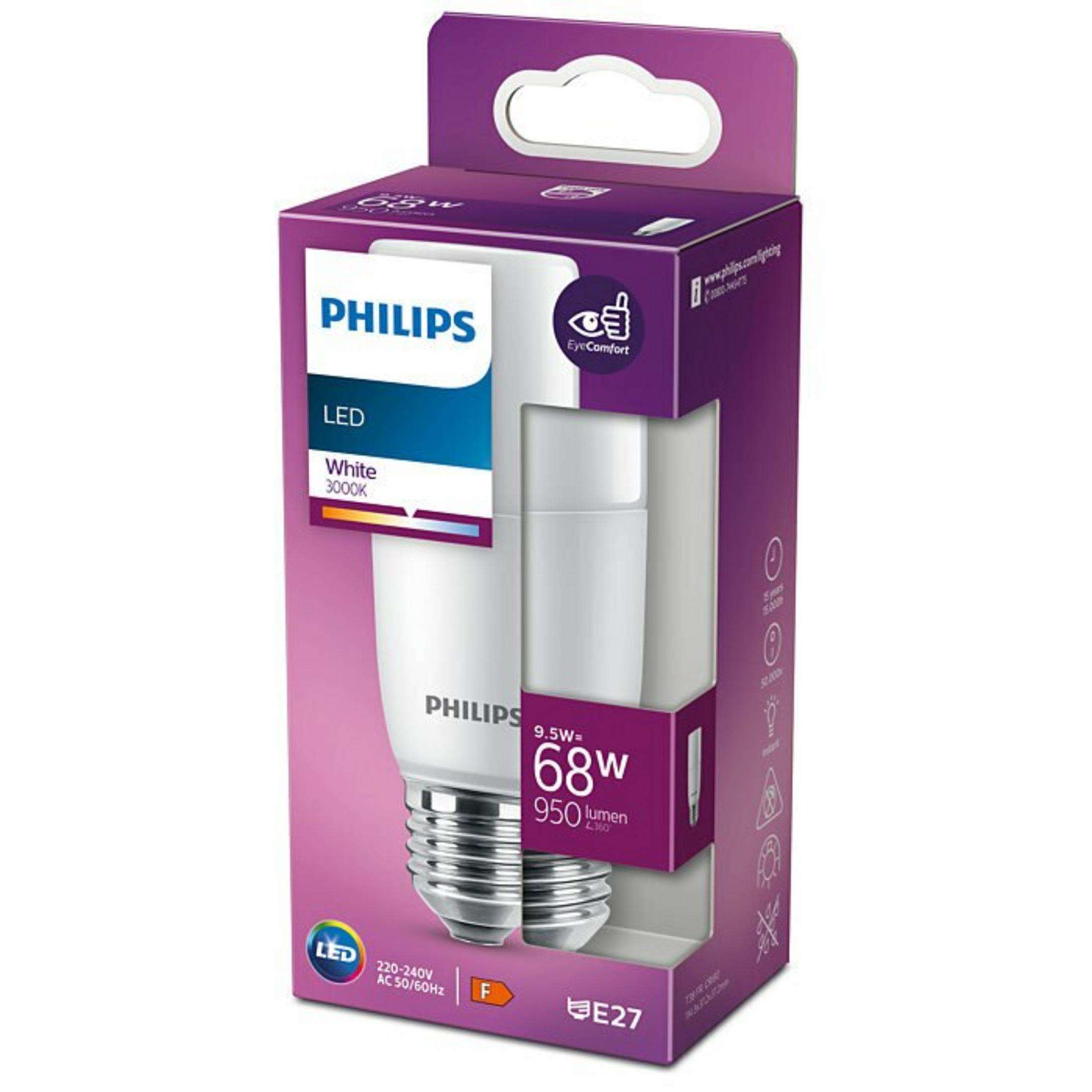 Żarówka LED Philips w fioletowo-białym pudełku. Pudełko zawiera specyfikacje żarówki.