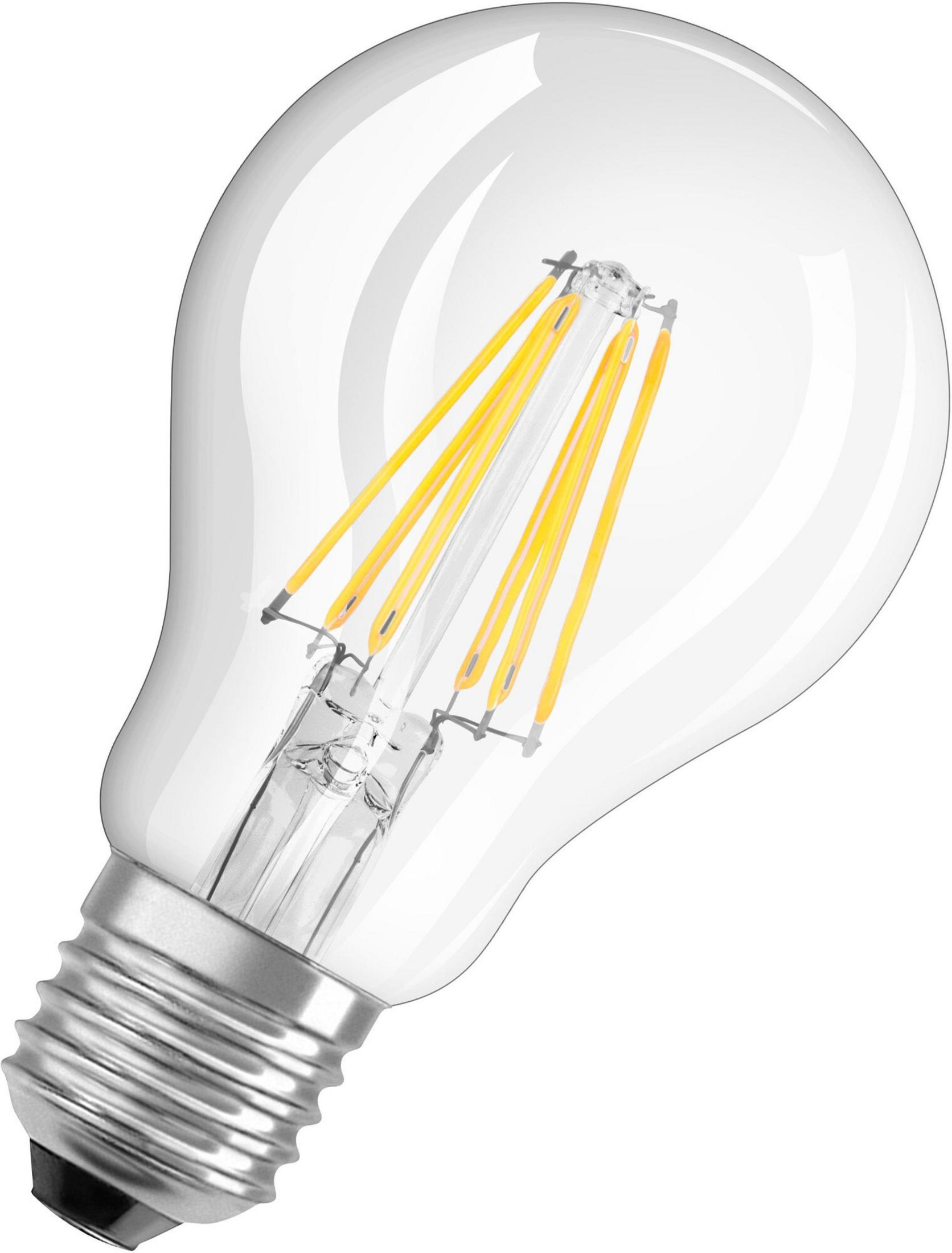 Una lampadina di vetro trasparente con filamenti gialli e base argentata. La lampadina è leggermente angolata su sfondo bianco.
