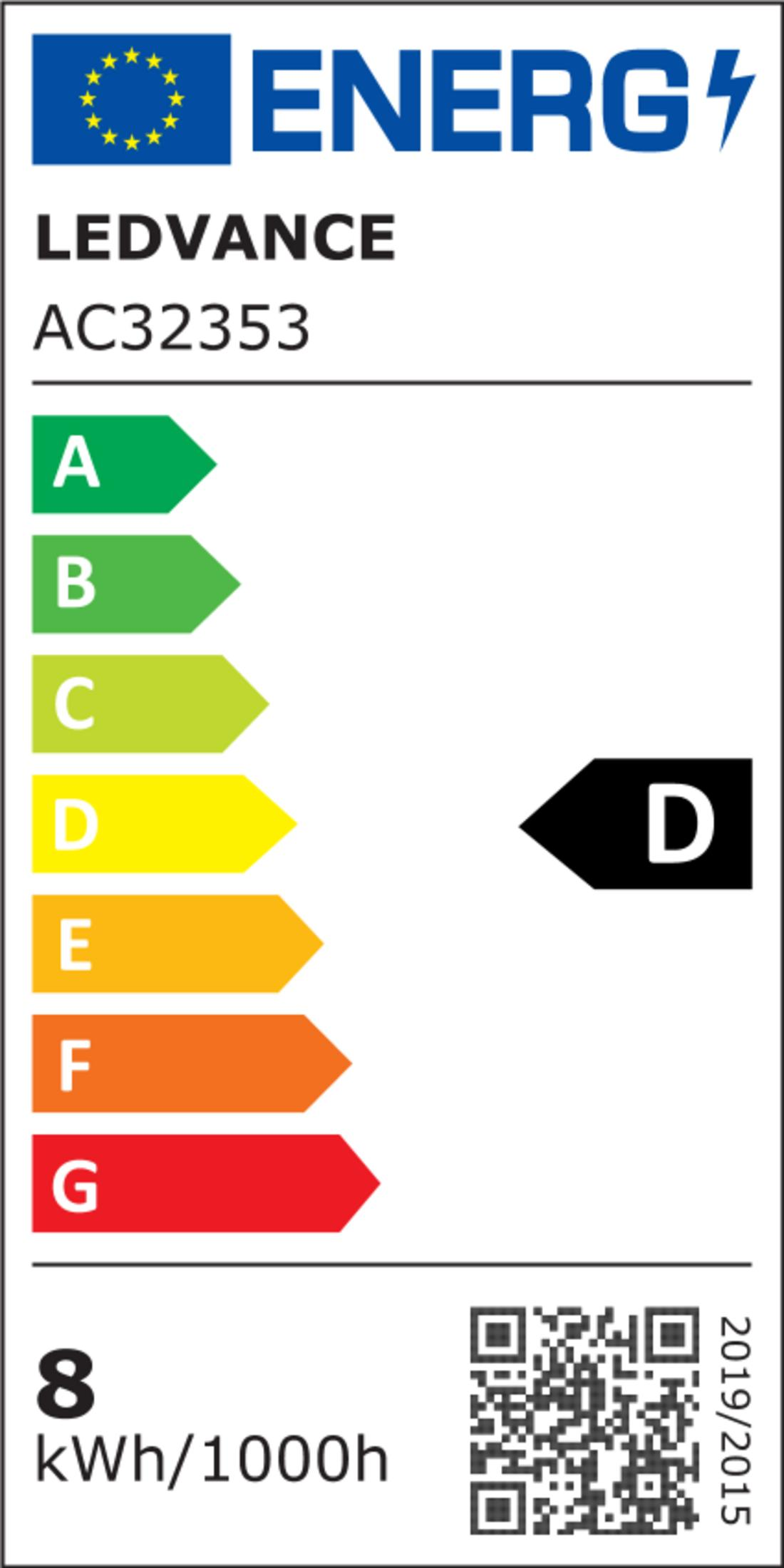 Etichetta energetica per una lampadina. Mostra le classi di efficienza energetica da A a G, con la D evidenziata. Mostra il consumo energetico.