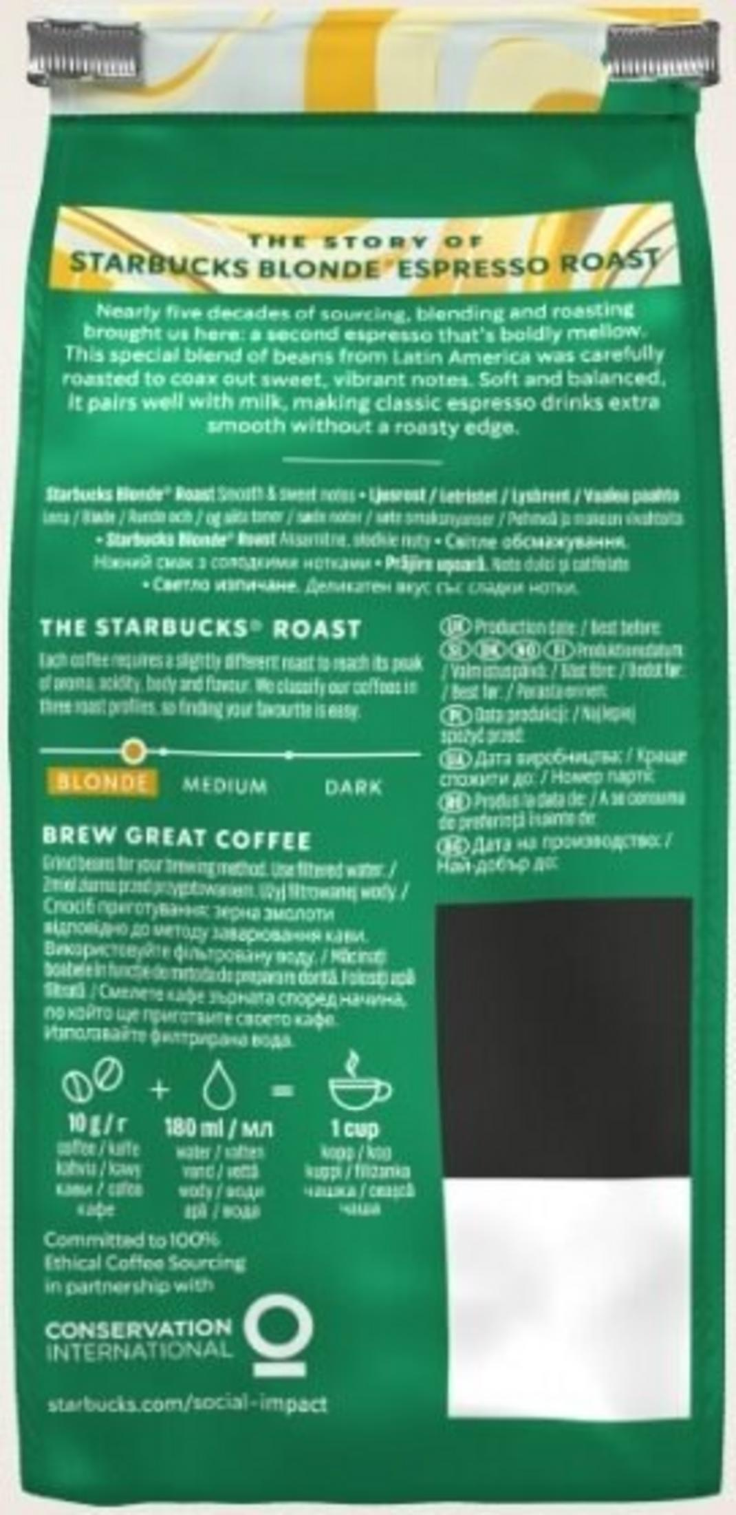 Confezione di caffè Starbucks verde. Il testo include 'Blonde Espresso Roast' e le istruzioni per la preparazione.